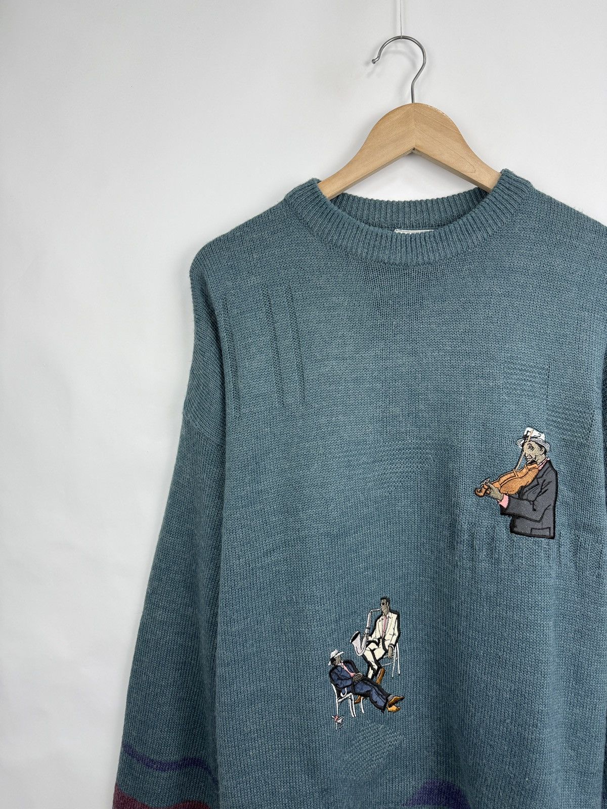 Jazz Cartier 🇺🇸 Vintage 90s Jazz Music Saxophone Violin Knit Sweater Retro Size US XL / EU 56 / 4 - 2 Thumbnail