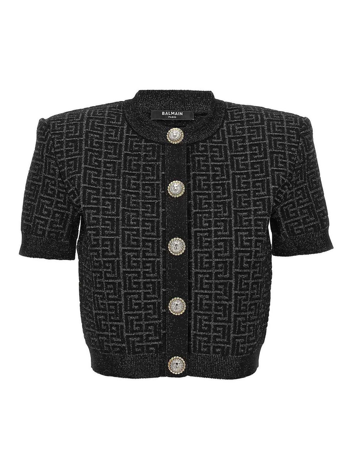 o1mt1gz0126 SS Buttoned Glittered Monogram Knit Cardigan
