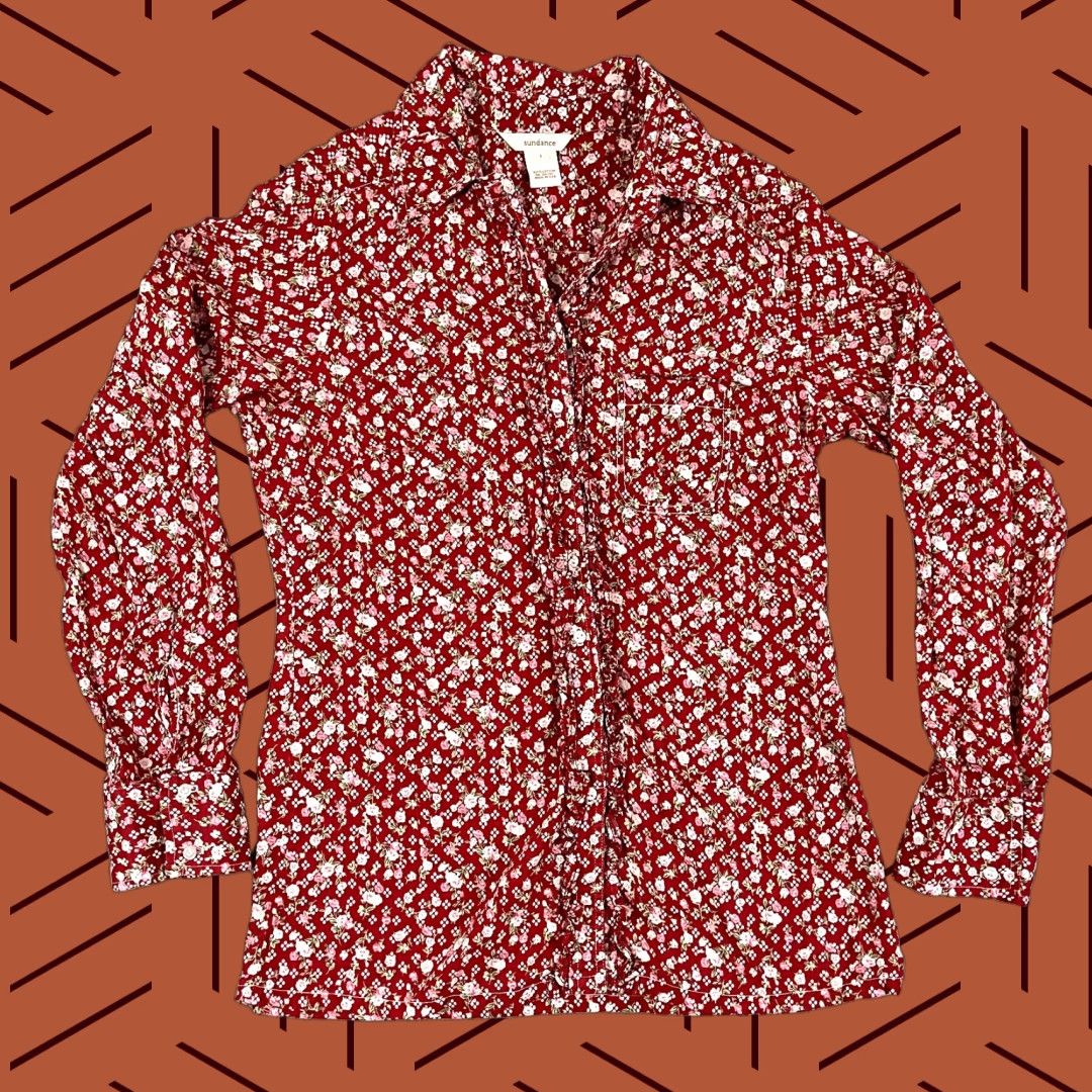 Vintage Vintage Sundance Women's Floral Ruffled Button-Up Shirt Large Red Cottagecore Cross-Seasonal Size L / US 10 / IT 46 - 1 Thumbnail