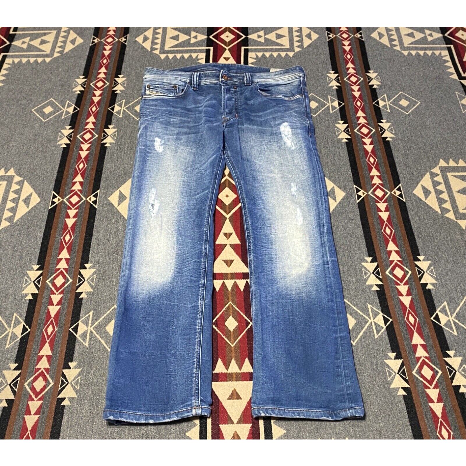 image of Diesel Safado 0824P Slim Straight Dark Denim Jeans 30 (Fit 32X27) Blue T78 in White, Men's
