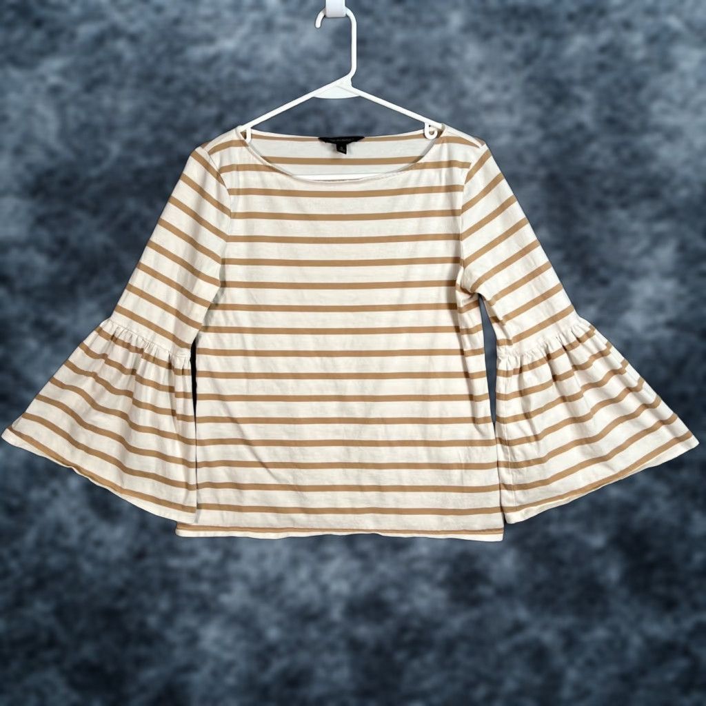 Banana Republic VINTAGE Banana Republic Womens Small Striped Bell Sleeve Top Beige & White 100% Cotton Size S / US 4 / IT 40 - 1 Thumbnail