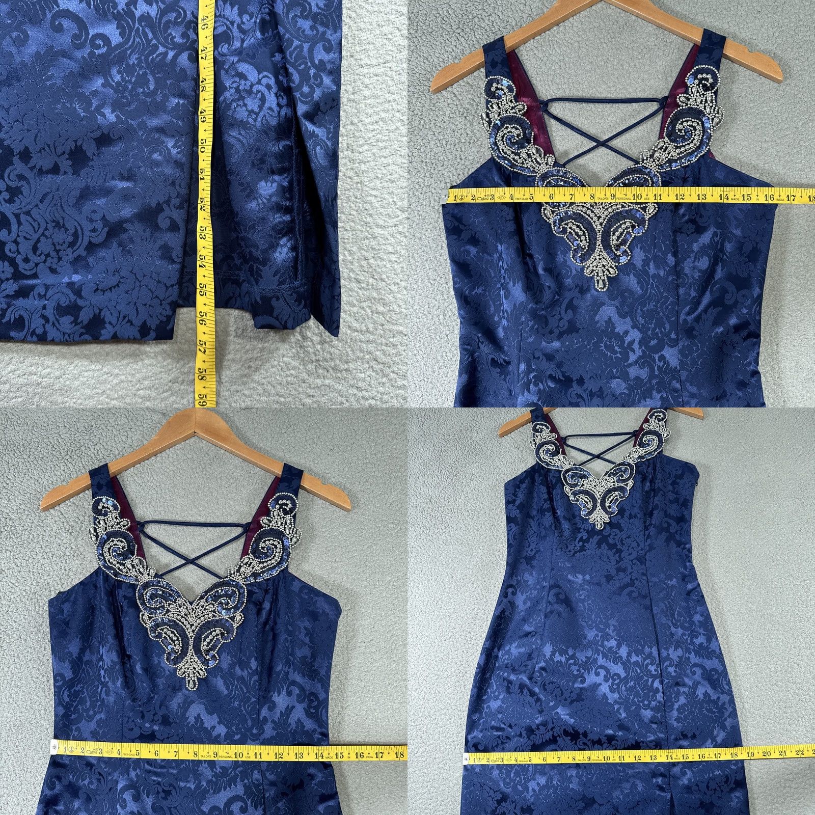 Jessica McClintock VINTAGE Jessica McClintock Dress Womens 9/10 Blue Jacquard Beaded Prom Gown Maxi Damask Sequin Formal Evening 90s Mens? Size L / US 10 / IT 46 - 9 Thumbnail