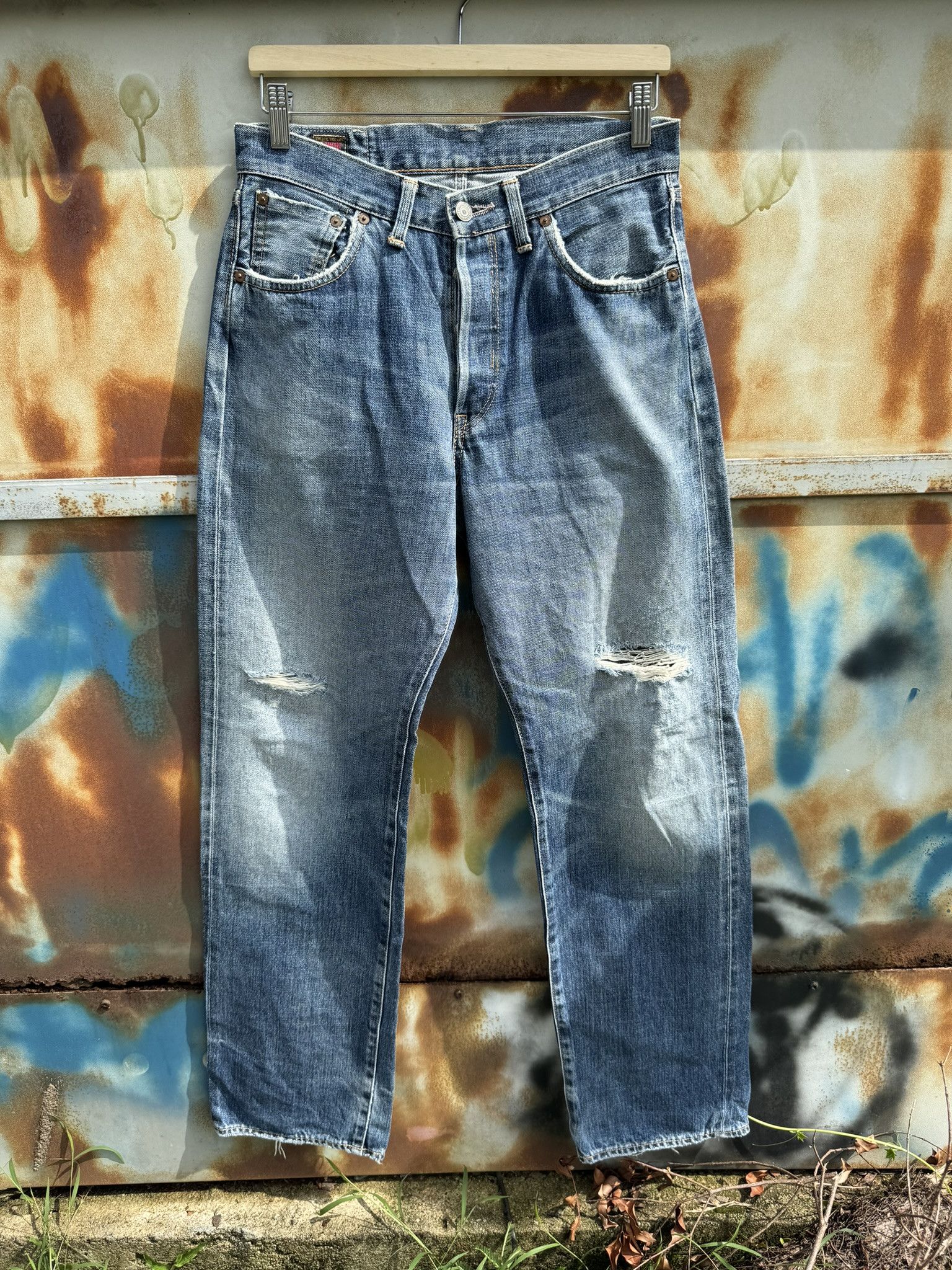 image of Distressed Denim x Edwin Vintage Edwin 505Sx Buttonfly Selvadge Redline Jeans Faded in Indigo Blue 