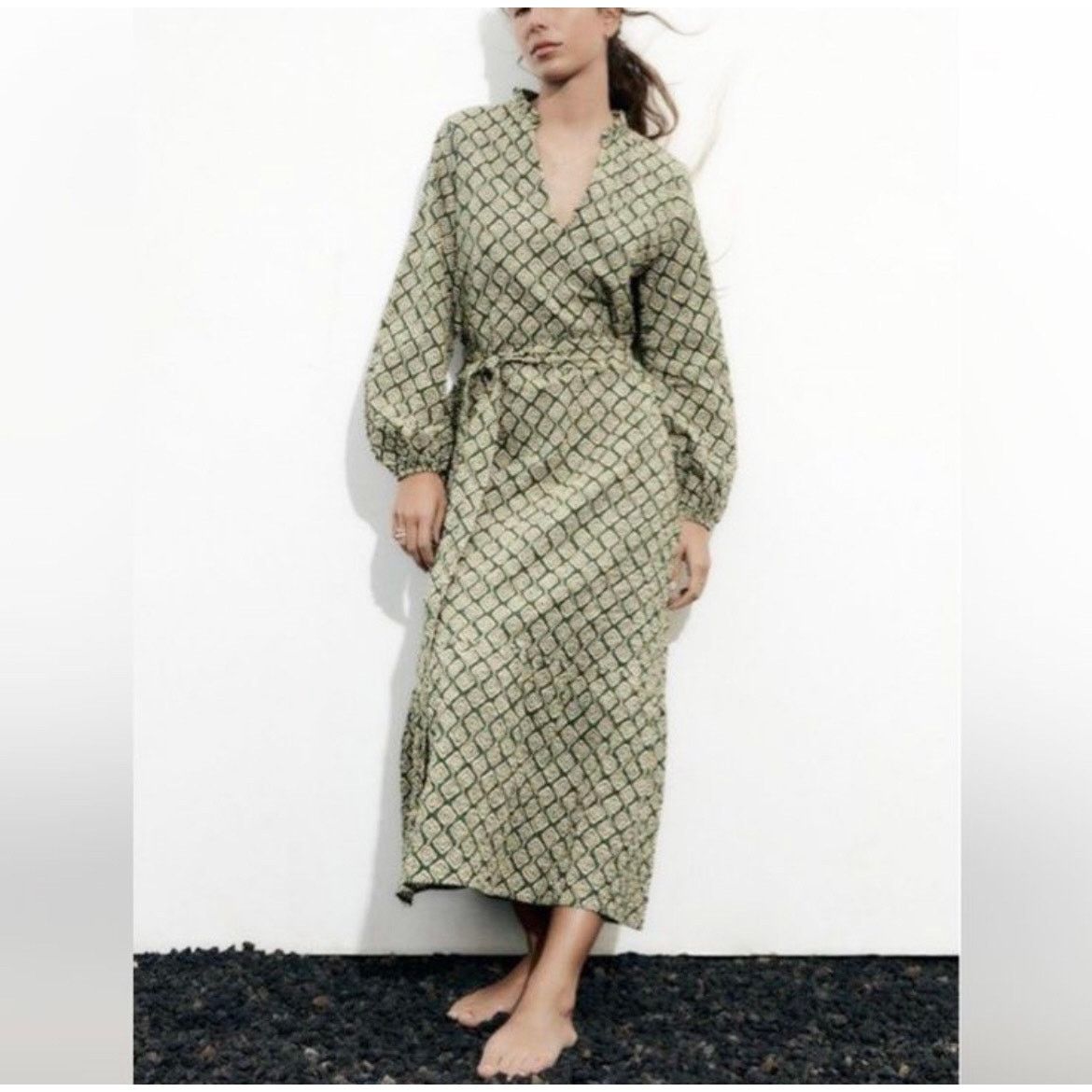 Zara Zara Green Cream Geometric Print Tie Waist Midi Dress | Grailed