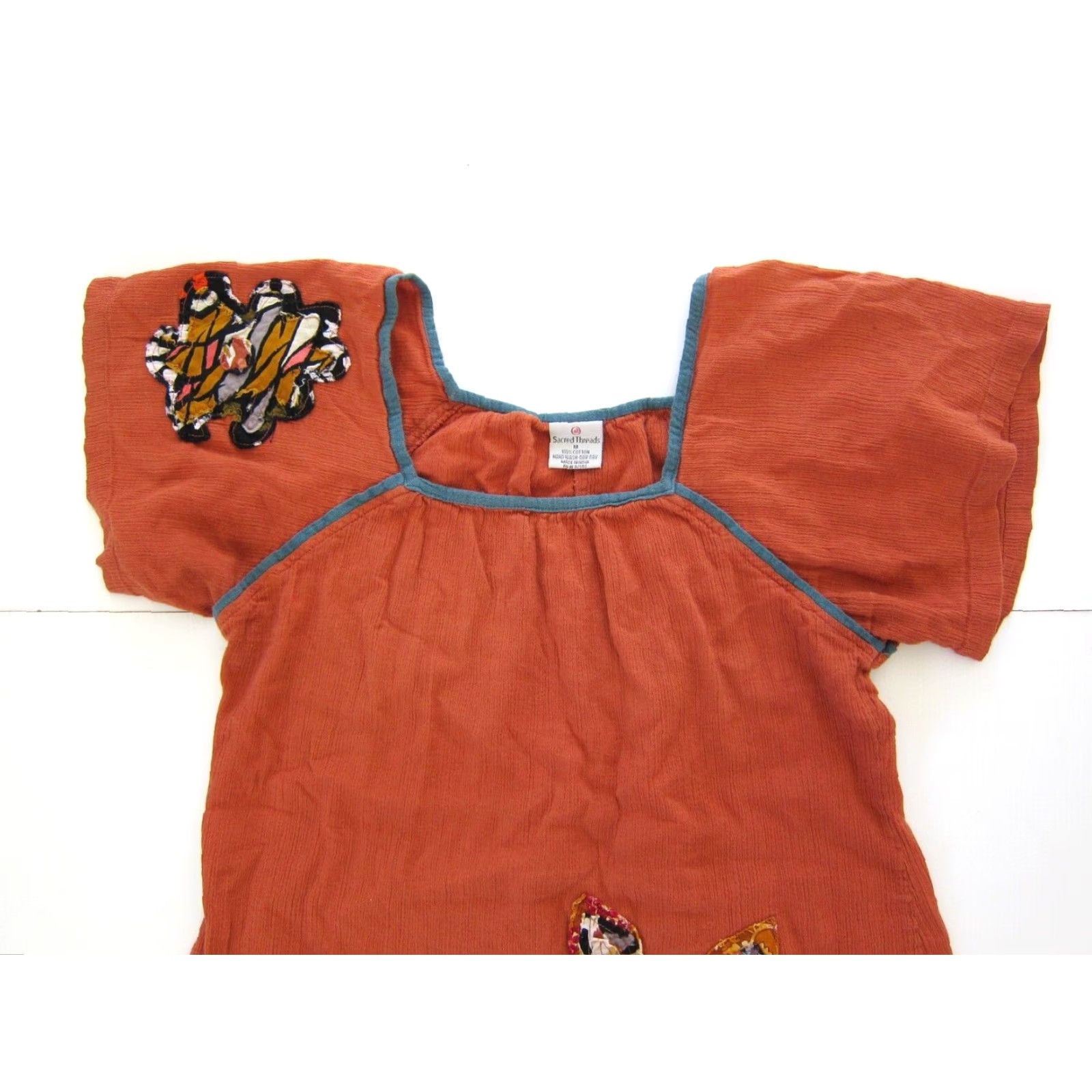 Vintage Sacred Threads Blouse Shirt 100% Cotton Orange Embroidered Floral Short Sleeve Tunic M Women Size M / US 6-8 / IT 42-44 - 3 Thumbnail