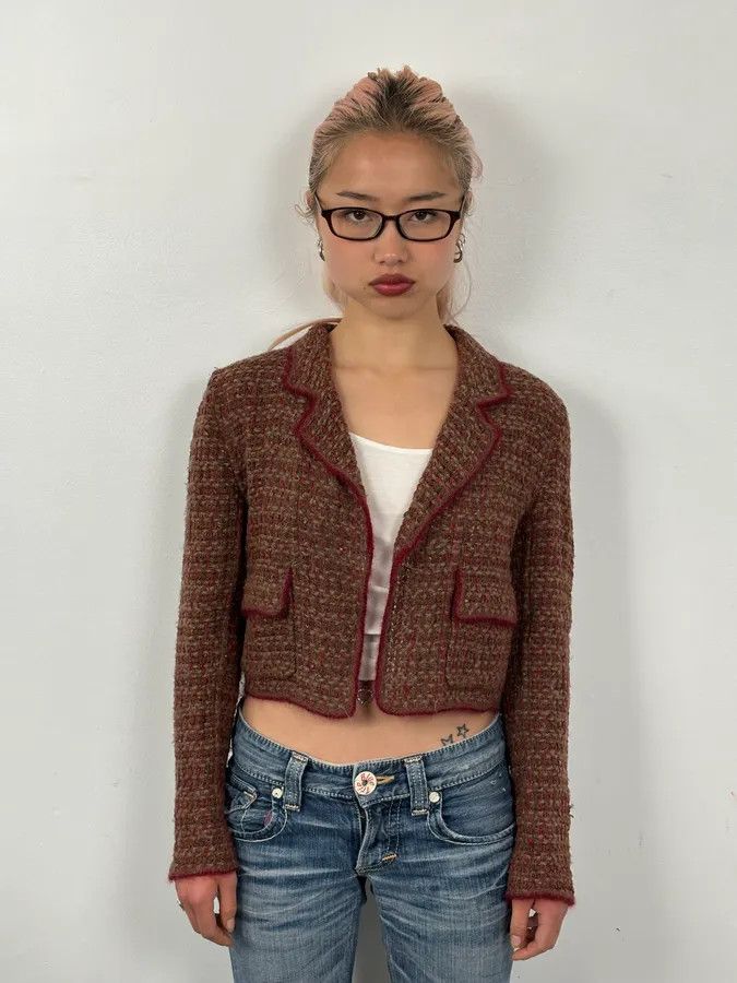 Chanel Chanel Burgundy Wool Tweed Contrast Trim Blazer Size S / US 4 / IT 40 - 2 Thumbnail