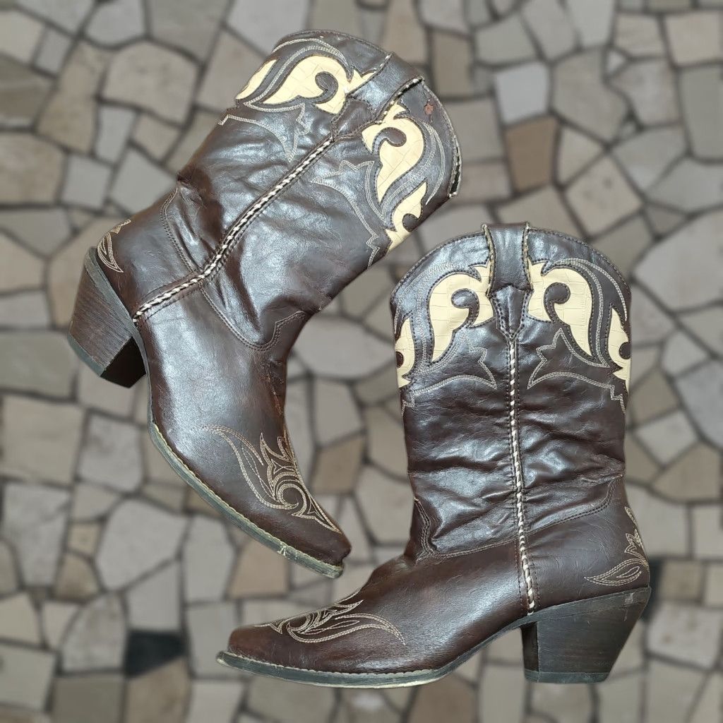 Durango Durango Crush Western Boot Mids Calf 11" Peek-A-Boot Brown Leather 10M Womens Boots Cowboy Cowgirl 90s Theme? Size US 8 / IT 38 - 1 Thumbnail
