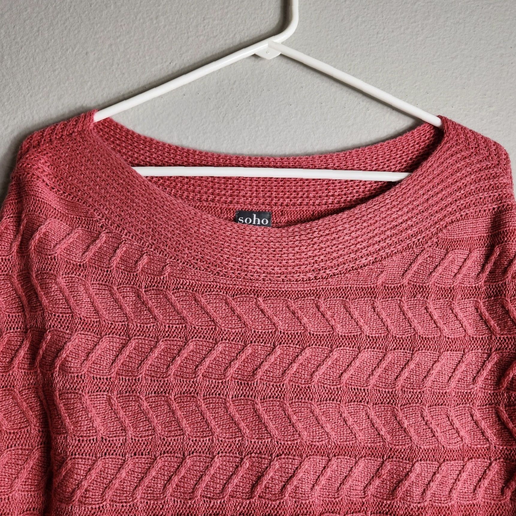 Vintage SOHO NY&C Rose Pink Boatneck Cable Knit Lightweight Sweater L - Womens Pullover Knit Classic Dolman Sleeve Boat Neck Size L / US 10 / IT 46 - 3 Thumbnail