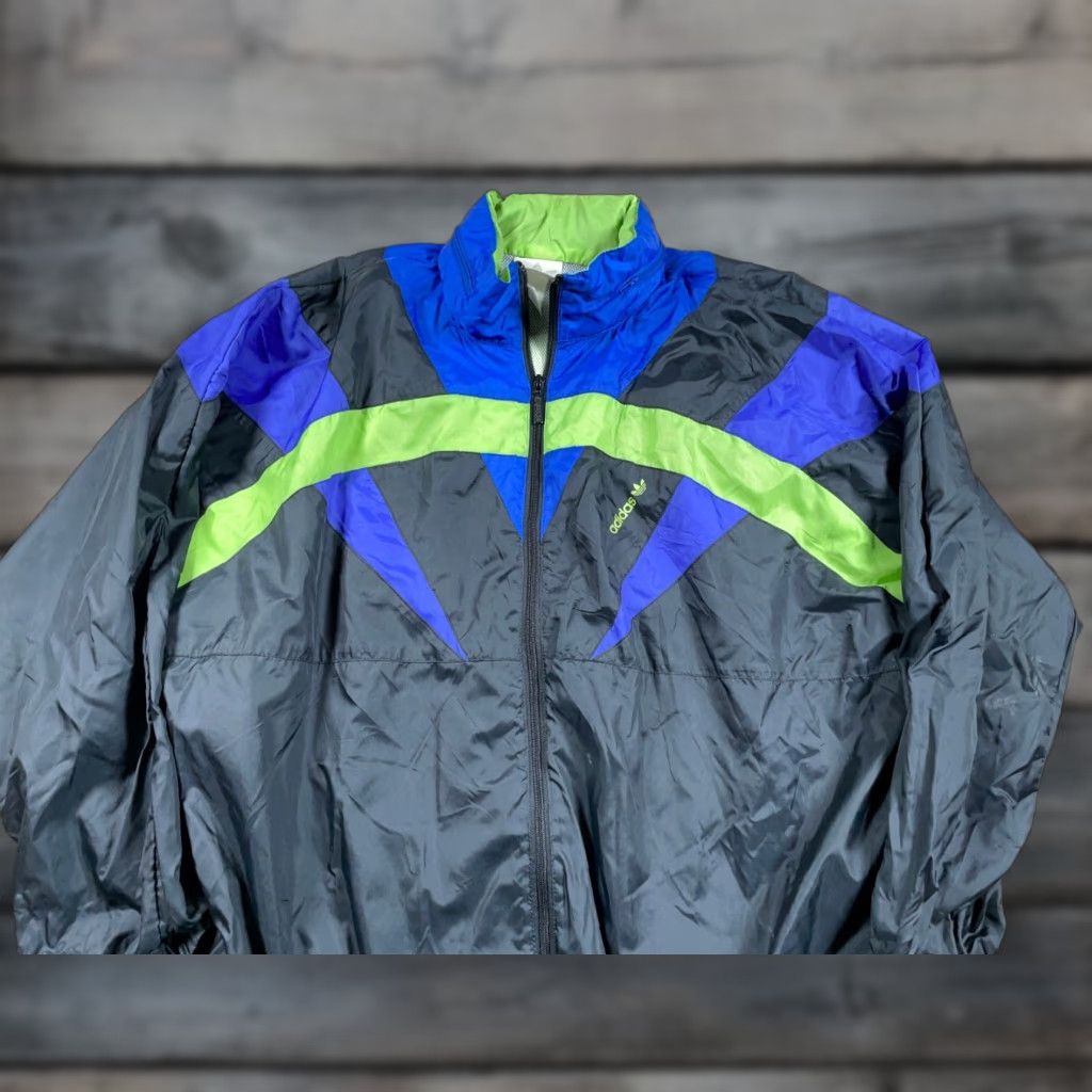 Adidas VINTAGE 80s adidas Windbreaker Jacket Adult XL Black Neon Green Trefoil Mens Size US XL / EU 56 / 4 - 1 Thumbnail