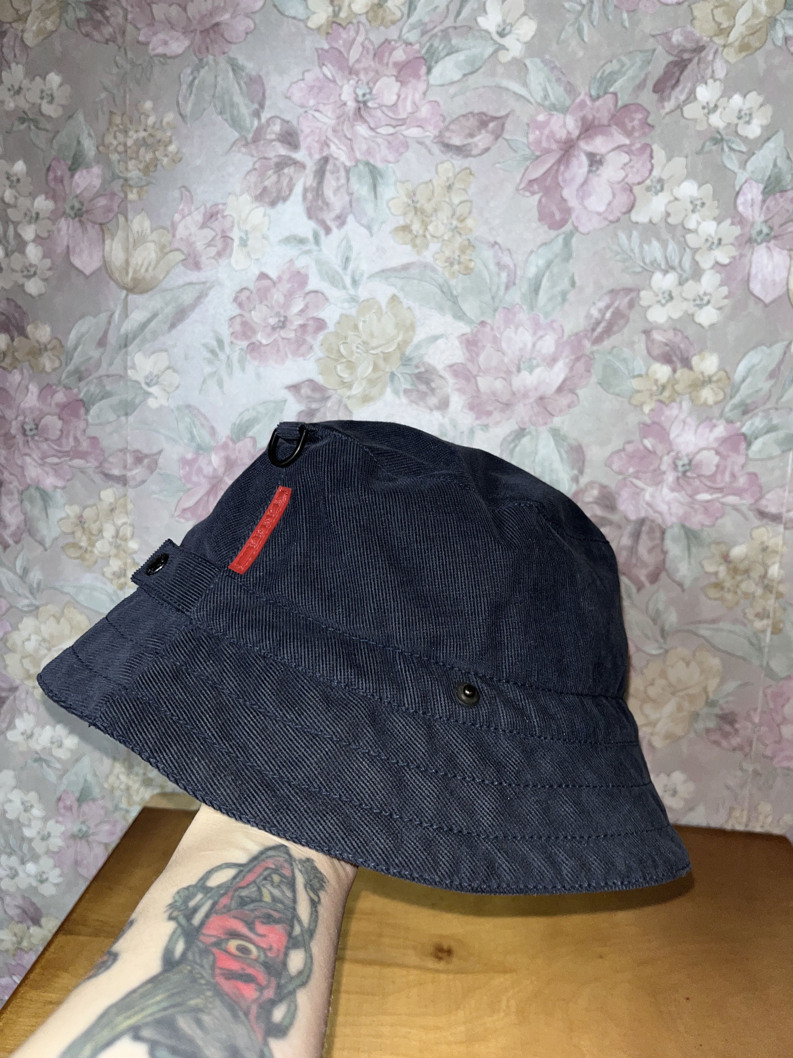 Prada Rare Prada Sport Linea Rossa Corduroy Red Tab Bucket Hat Cap Size ONE SIZE - 6 Thumbnail