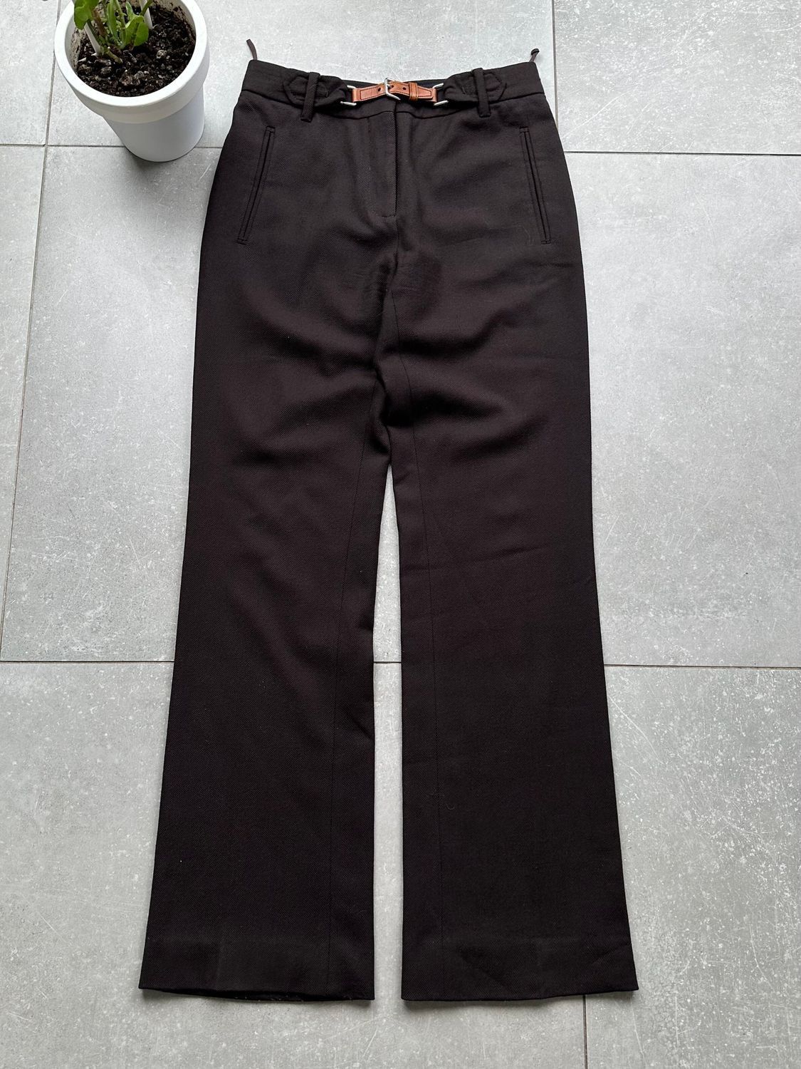 image of Prada Leather Belt Vintage Wool Pants in Brown, Women's (Size 26)