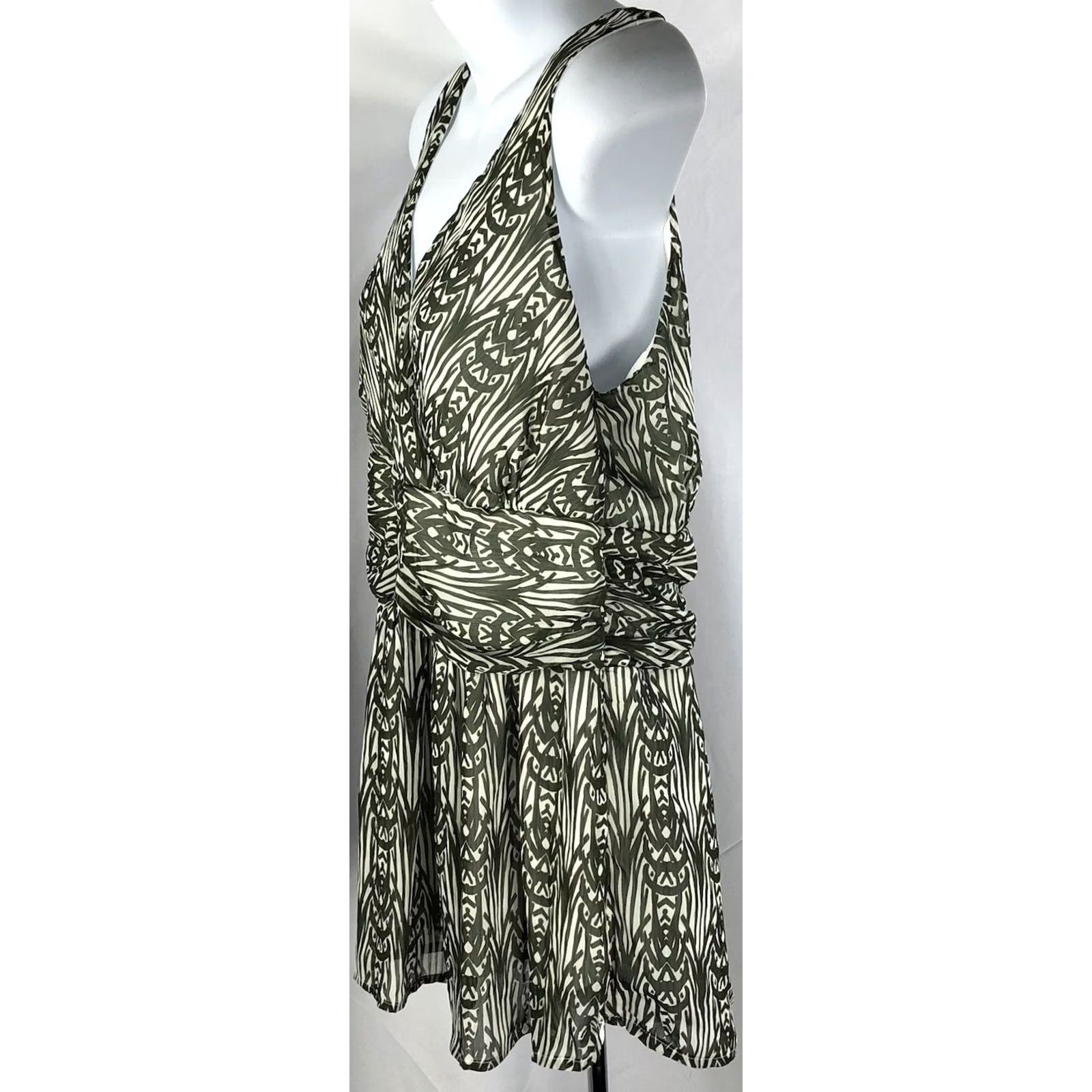 Vintage Rickis Sleeveless Chiffon Top 10 Green Geo Ruched Flowy Whimsy Artsy Fairy Boho Size L / US 10 / IT 46 - 2 Thumbnail