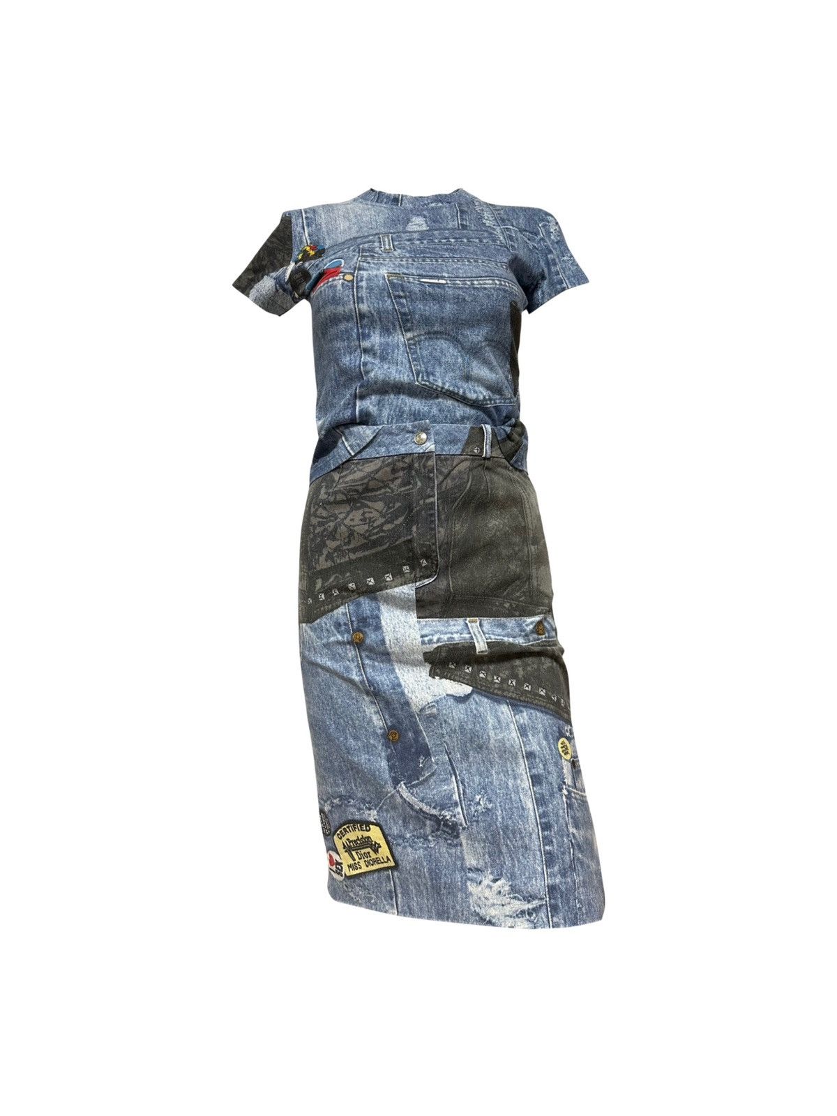 image of Christian Dior F/w 2001 Denim Print T-Shirt And Skirt in Blue, Women's (Size Medium)