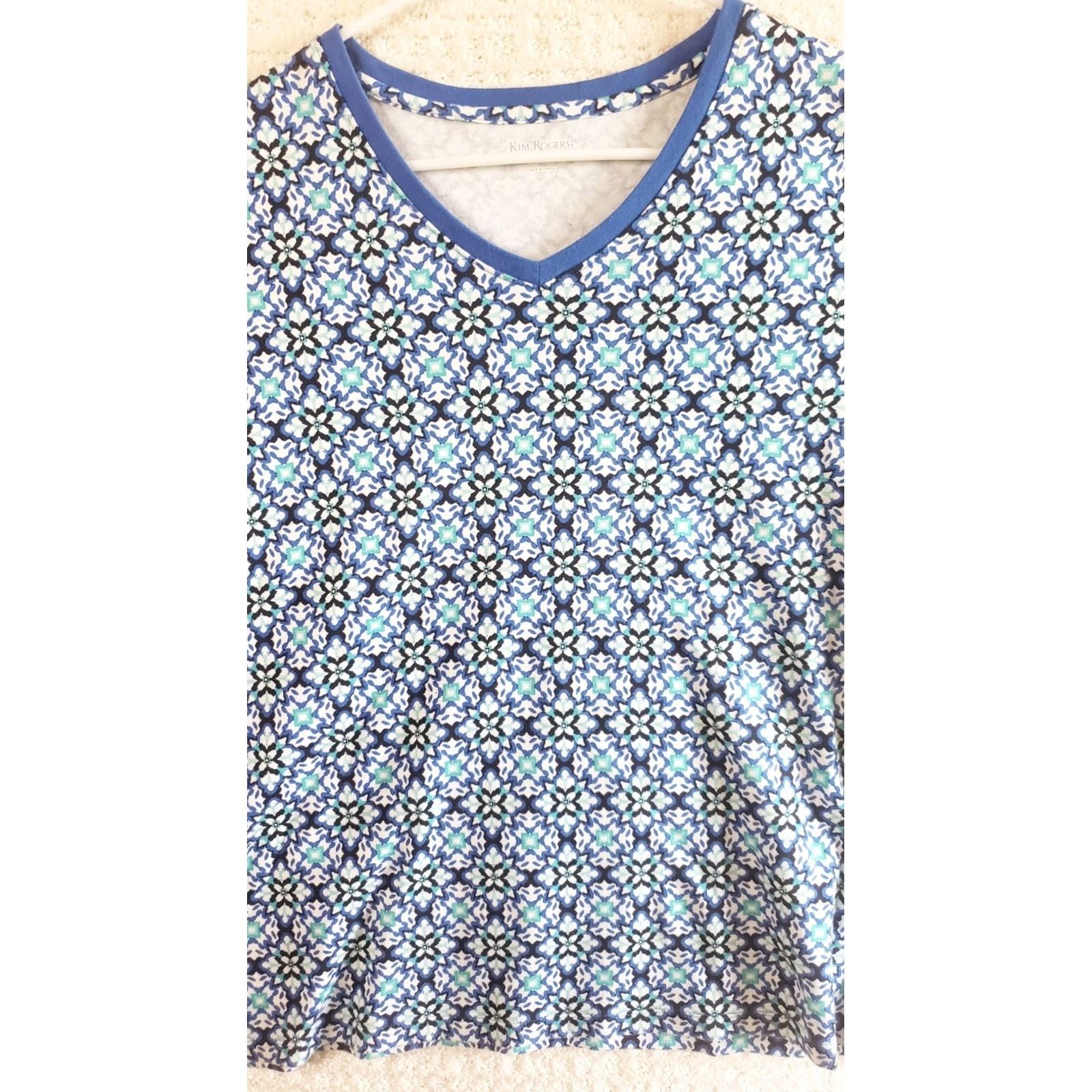 Vintage Kim Rogers Women's XL Blue Floral 100% Cotton Pullover Top Shirt Size XL / US 12-14 / IT 48-50 - 2 Thumbnail