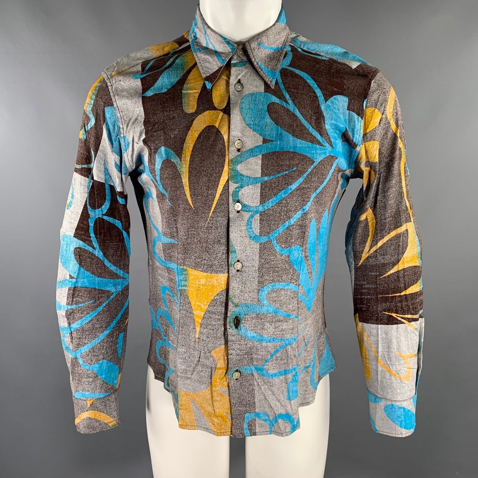 Custo Barcelona XS Brown Blue/Silver Abstract Floral L/S Shirt Size US XS / EU 42 / 0 - 1 Thumbnail