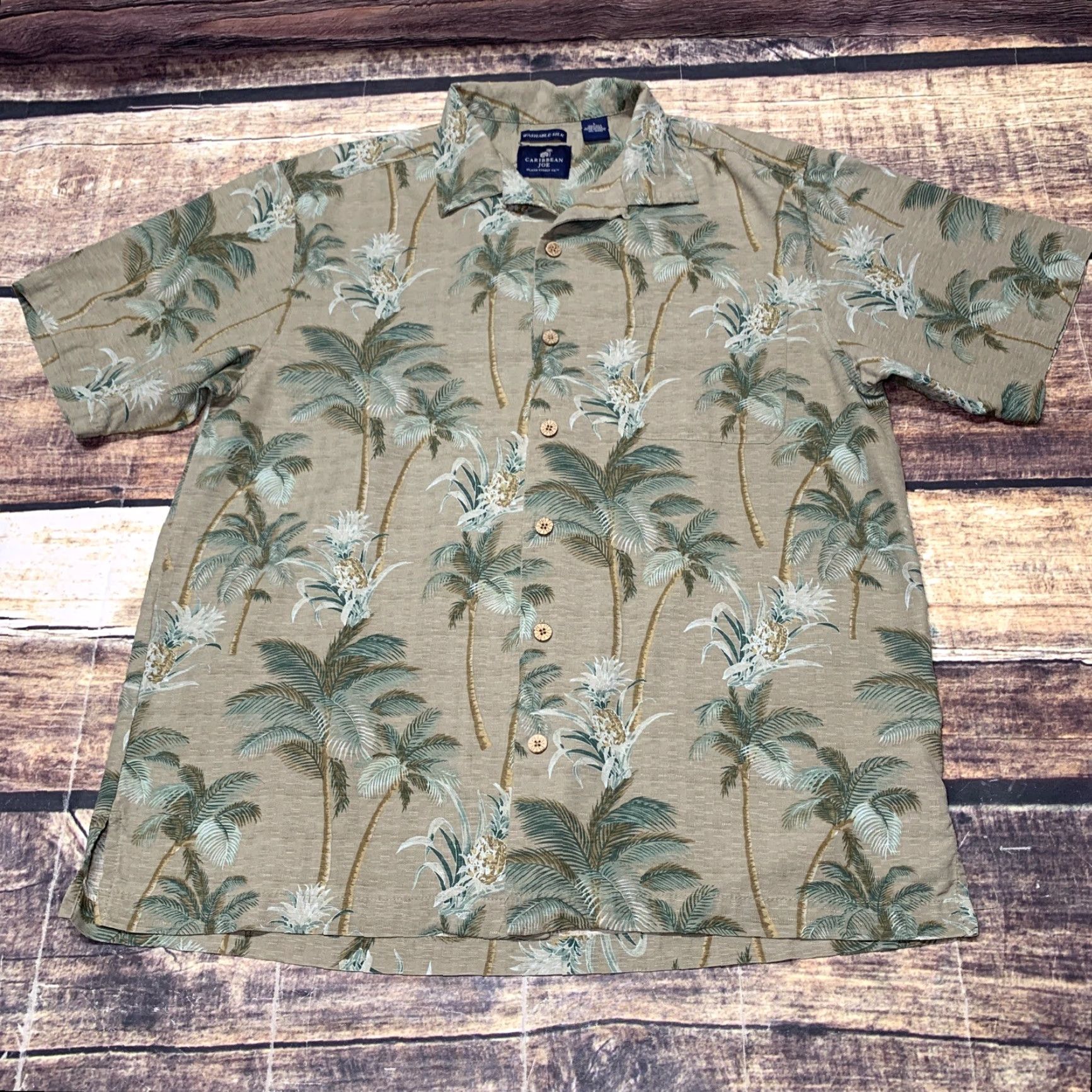 Vintage VINTAGE Caribbean Joe Silk Hawaiian Shirt L Adult Tan Green Brown Palm Trees Pineapple Hawaii Shirt Casual Mens Size US L / EU 52-54 / 3 - 2 Thumbnail