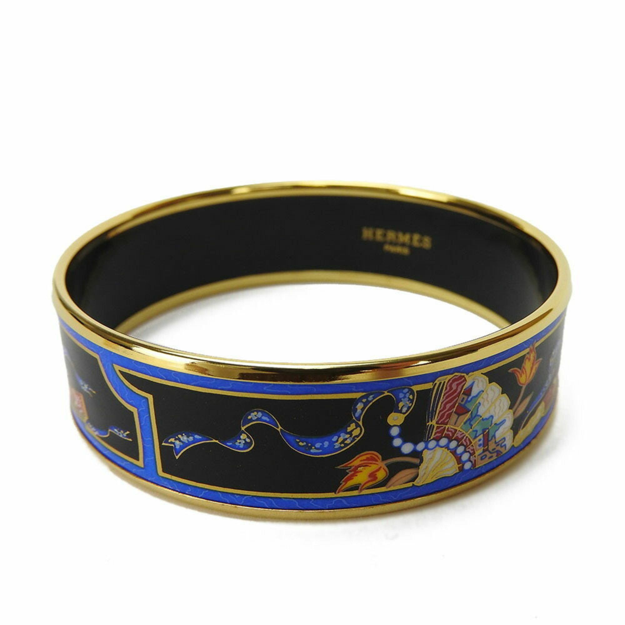 image of Hermes Bangle Enamel Gp Fan Pattern Cloisonne Gold Plated Accessory Bracelet Ladies Hermes Accessor