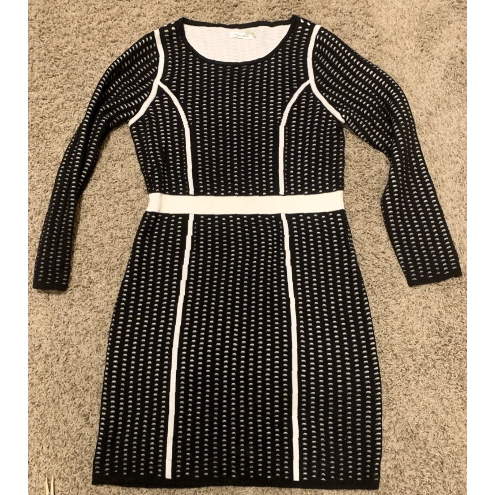 Calvin Klein Calvin Klein Sheath Dress L Black White Long Sleeve Knit Office Workwear Geometric Pattern Stretch Size L / US 10 / IT 46 - 2 Thumbnail