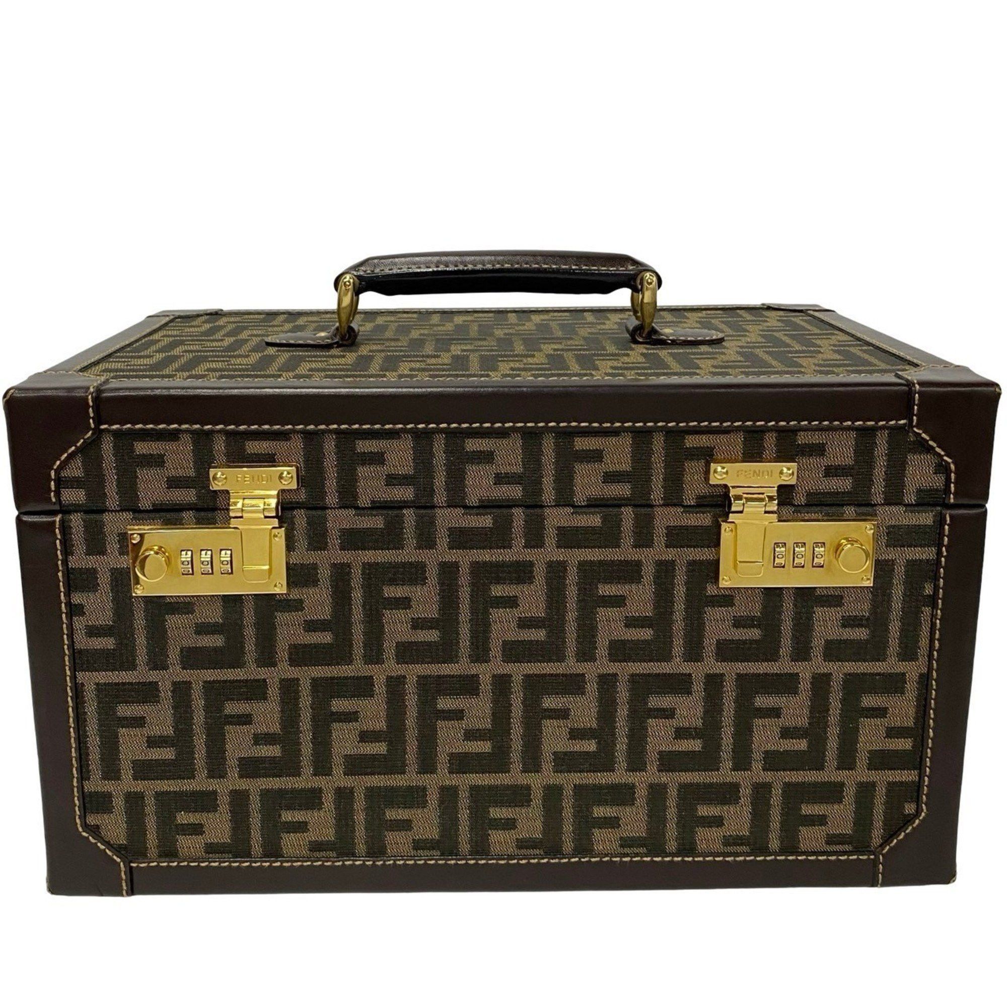 image of Fendi Zucca Pattern Ff Canvas Leather Box Handbag Vanity Bag 27149 in Black, Women's