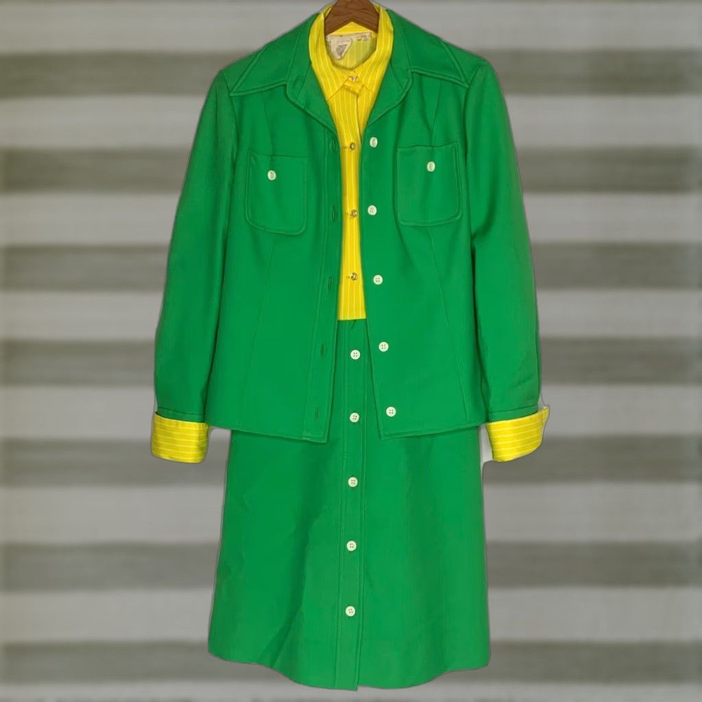 Vintage VINTAGE California Girl Dress and Jacket Set 1960s Green Yellow Mod Stripe Size 12 Womens Size XL / US 12-14 / IT 48-50 - 1 Thumbnail