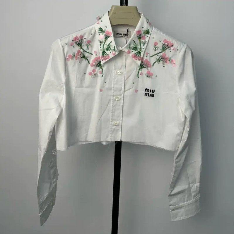 Miu Miu Miu Miu White Cropped Cotton Shirt with Embroidery 0089 Size L / US 10 / IT 46 - 1 Thumbnail
