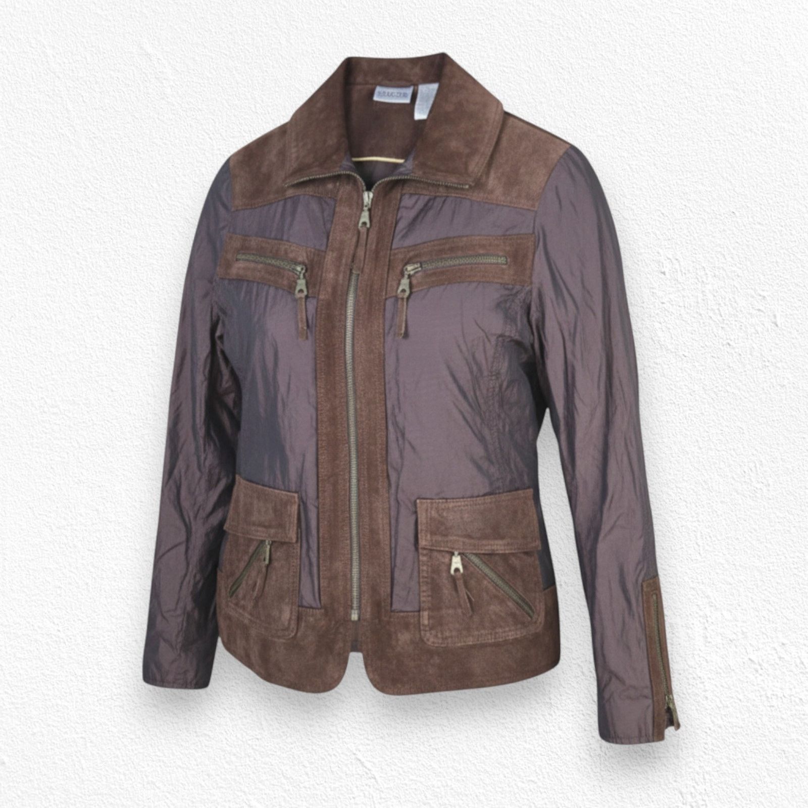 Vintage Brown Leather Nylon Utility Jacket Size Medium