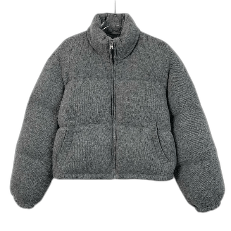 Prada Grey Cashmere Lapel Zip-up Puffer Jacket