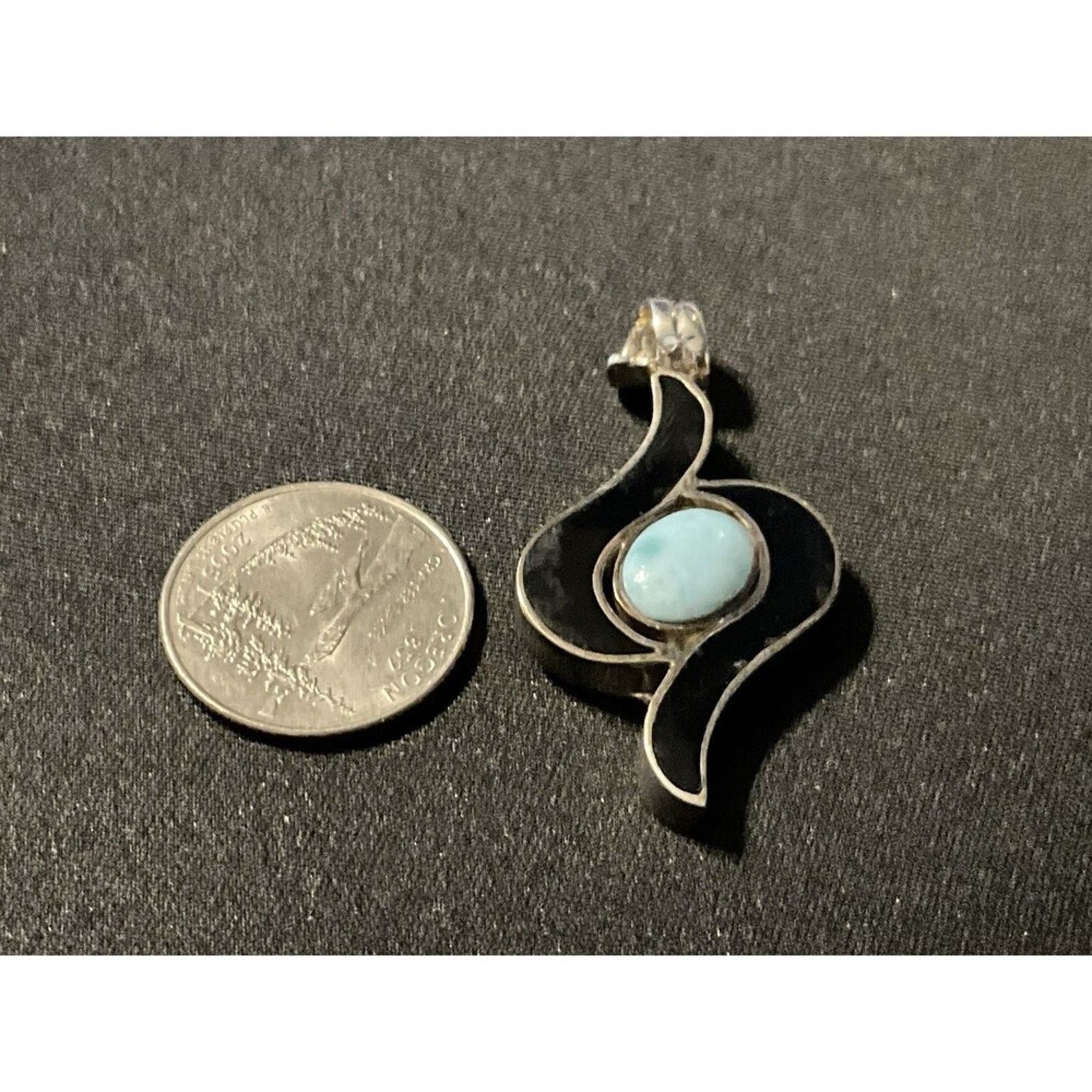 Other 925 Sterling Silver Larimar & Onyx Vintage Sterling Pendant Size ONE SIZE - 3 Thumbnail