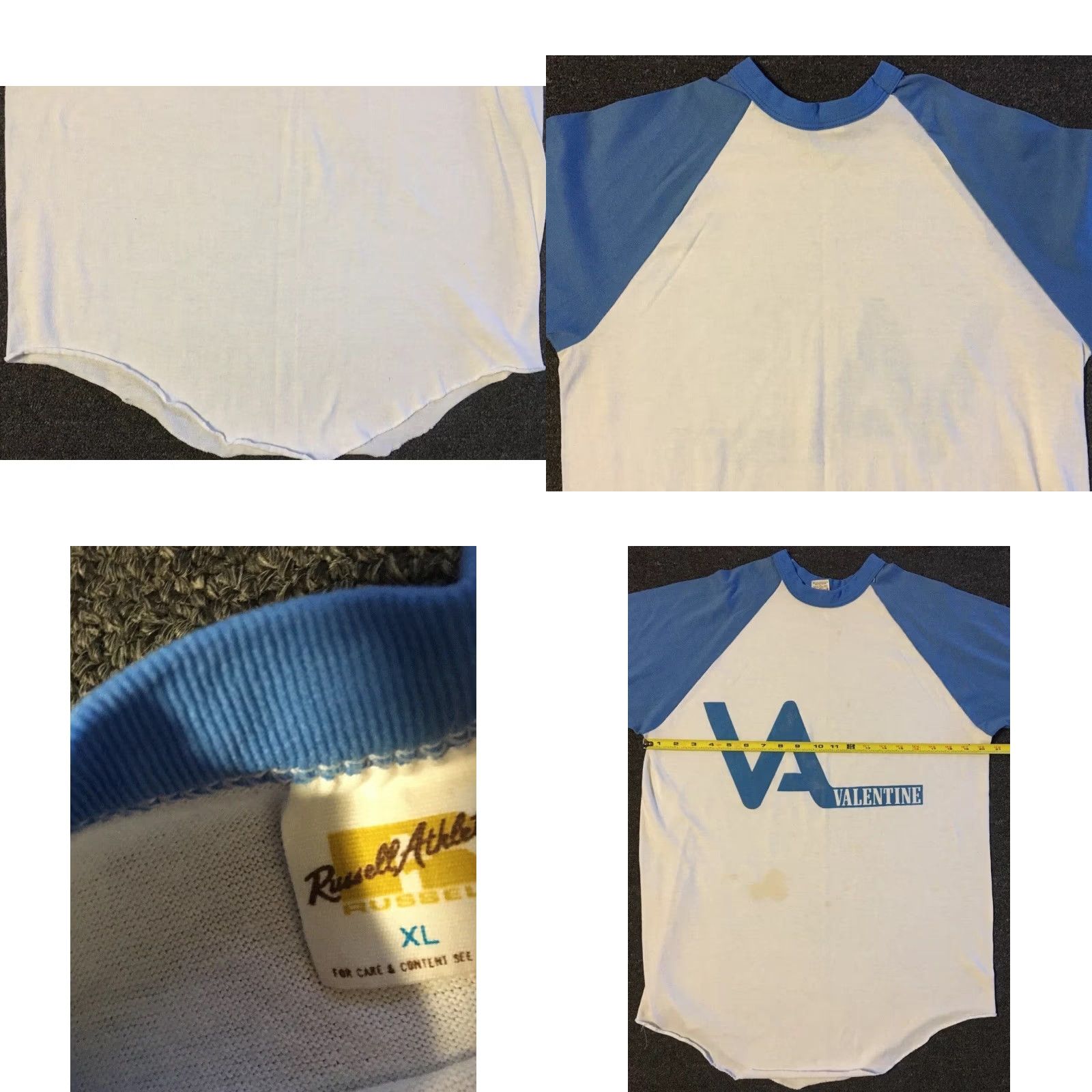 Valentino VINTAGE Russell Athletic Raglan Shirt L 3/4 Sleeve White/Blue Mens 70s 80s Grunge Punk Biker Track Retro 90s Fashion Destroyed Trucker USA Size US L / EU 52-54 / 3 - 9 Thumbnail