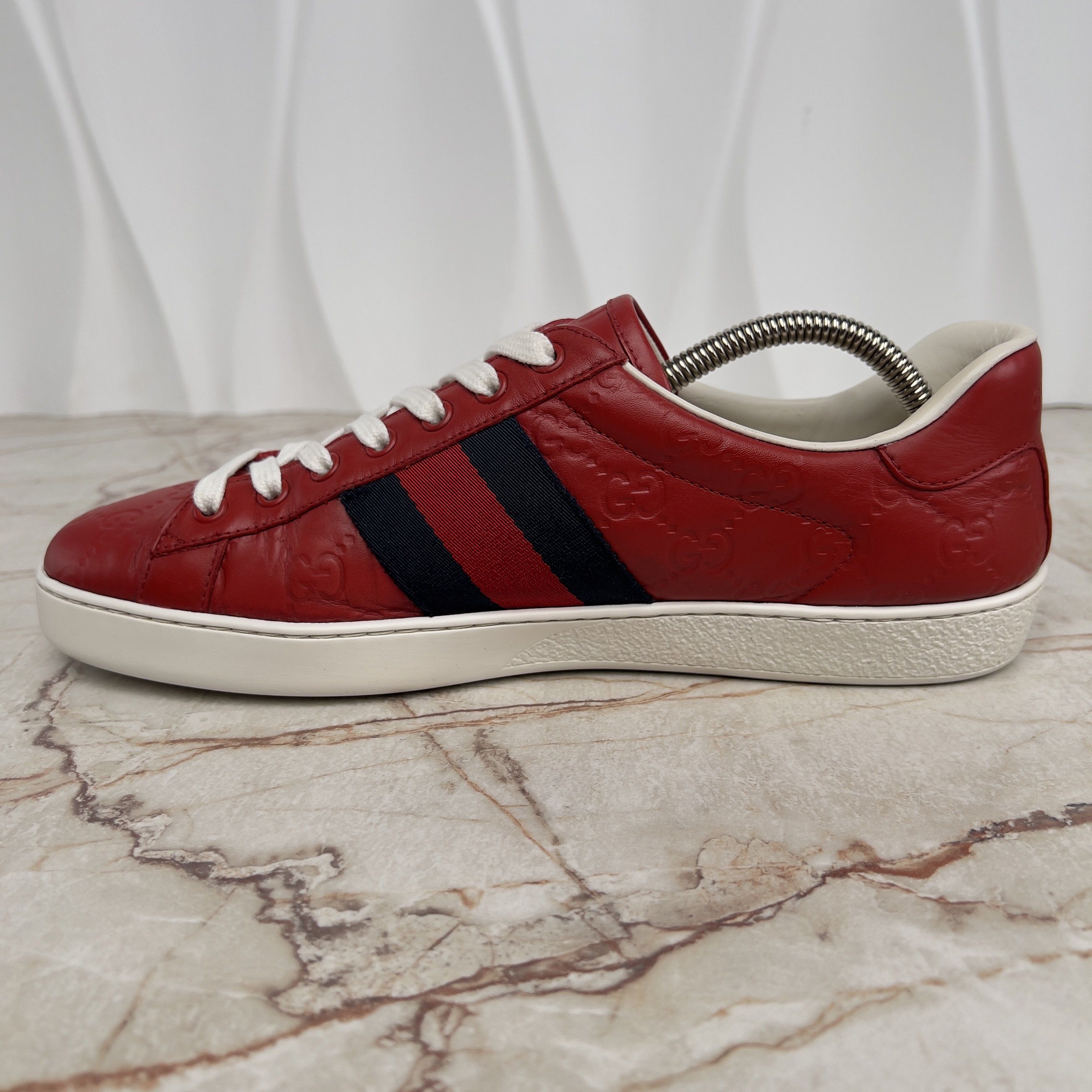 Gucci Ace Web GG Monogram Low Top Sneakers Red Leather Size US 8 / EU 41 - 5 Thumbnail