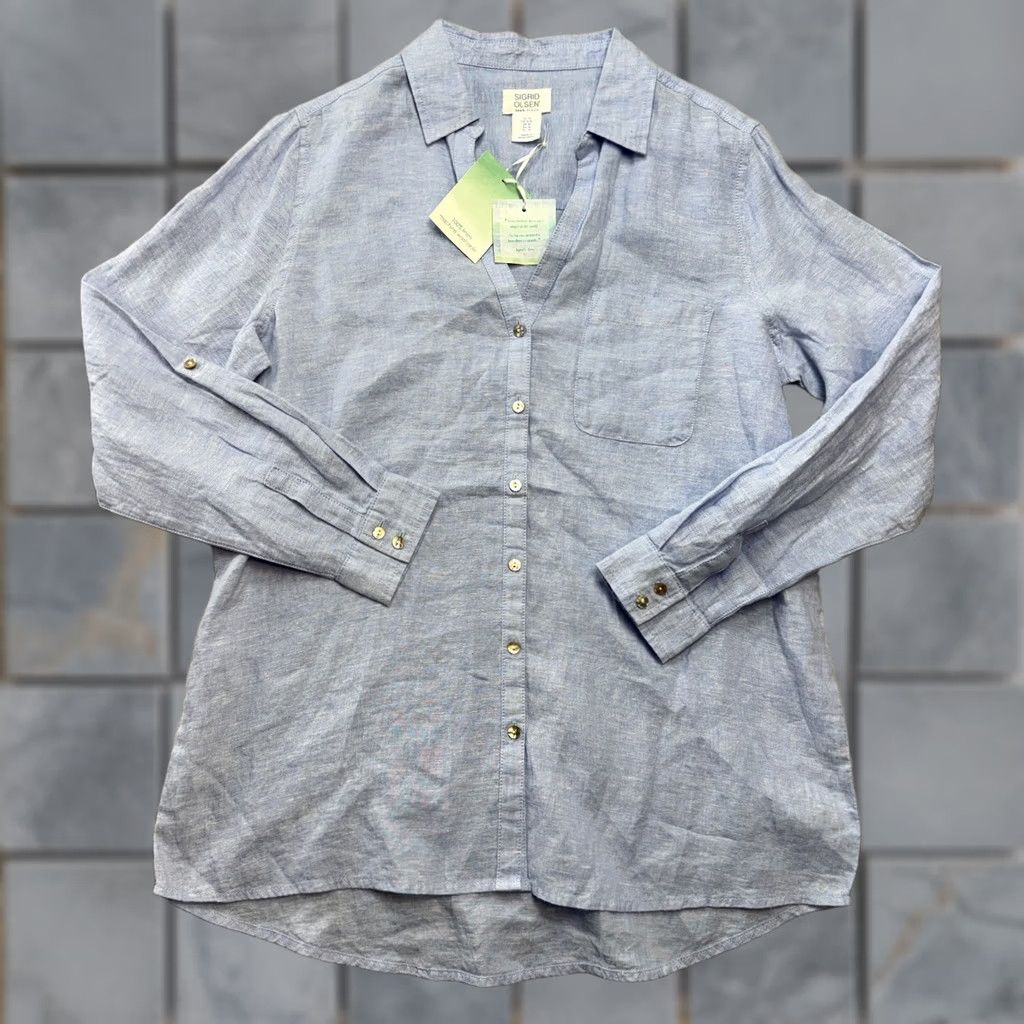 Vintage Sigrid Olsen Button-Up Tunic Linen Top Women M Blue Beach Casual Lightweight Roll Tab Sleeve Distressed? Size M / US 6-8 / IT 42-44 - 1 Thumbnail