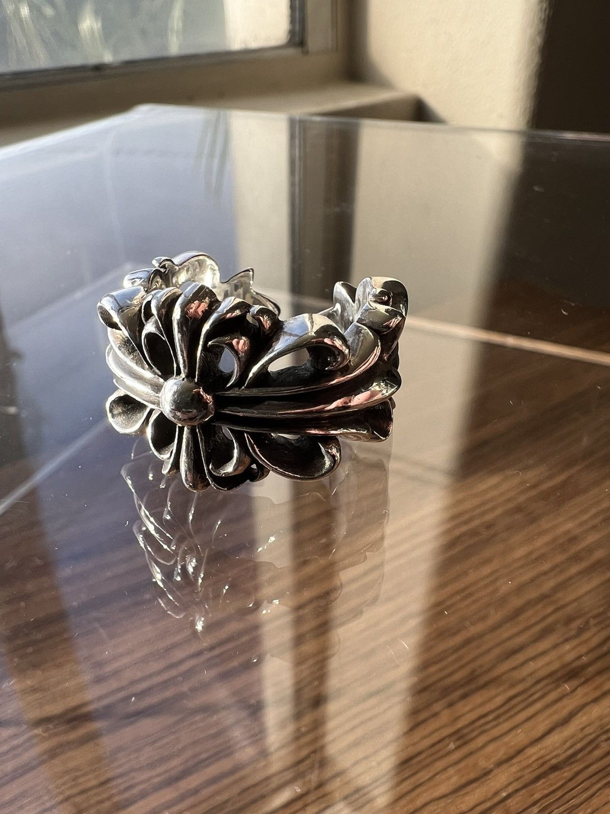 image of Chrome Hearts Double Floral Silver Ring Size 10, Men's