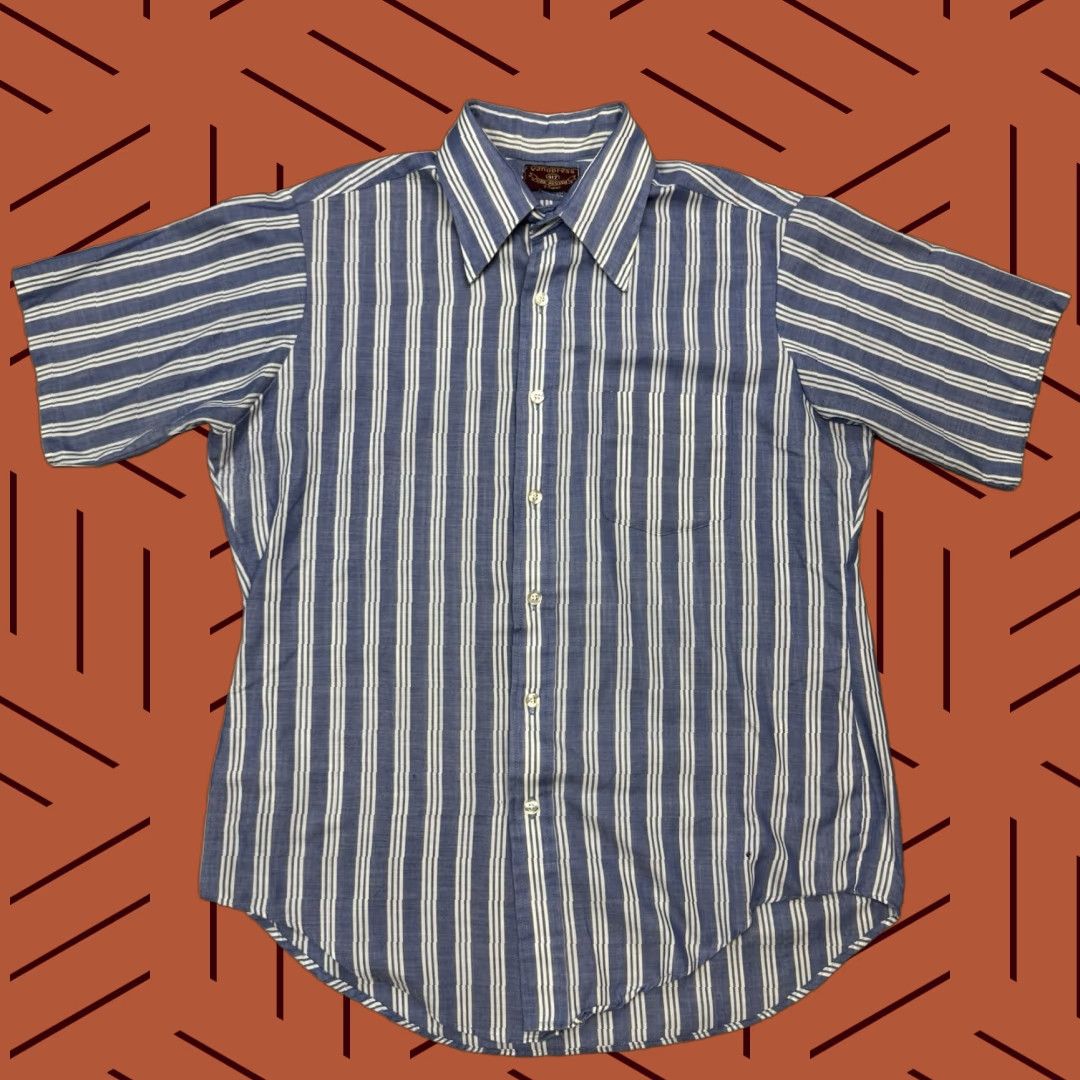Van Heusen VTG 70s VAN HEUSEN SHIRT NAVY WHITE STRIPE BUTTON UP MENS L BREAKFAST OF VANOPRESS? Size US L / EU 52-54 / 3 - 1 Thumbnail