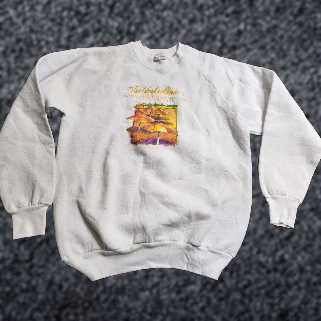 Fruit Of The Loom VINTAGE Fruit of the Loom Sweatshirt Umbrellas 1991 90s Art Japan California White L Adult Crew Neck Short Sleeve Distressed Mens Womens Size US L / EU 52-54 / 3 - 1 Thumbnail