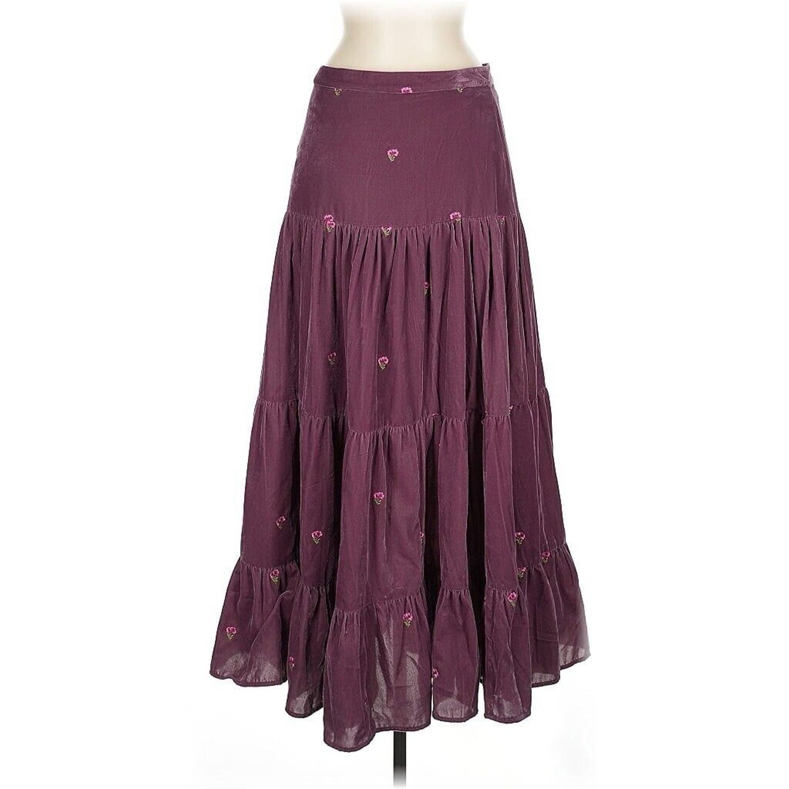 Designer Lexy London Purple Floral Velvet Maxi Tiered Skirt M Size 27" / US 4 / IT 40 - 2 Thumbnail