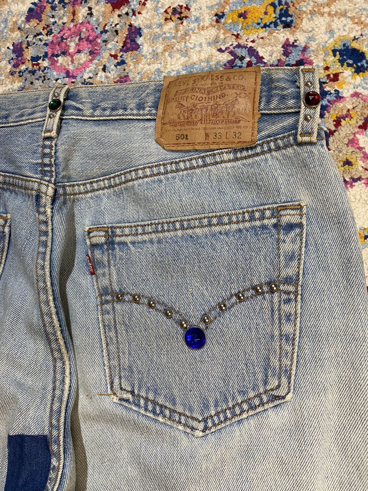 Levi's × Vintage WASHED BLUE 501 LEVIS RINDEM CUSTOM STUDS RHINESTONE Size US 33 - 5 Thumbnail