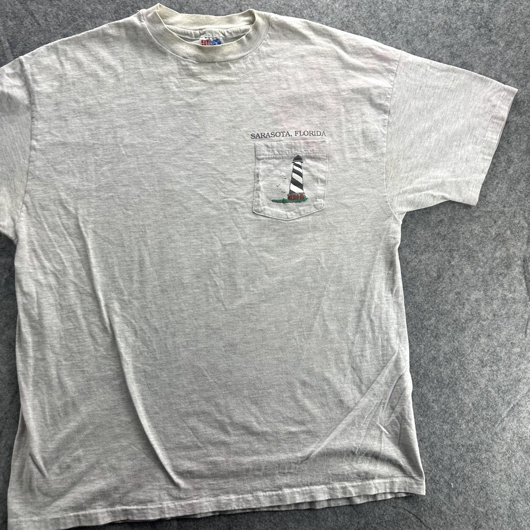 Hanes VINTAGE Sarasota Florida Lighthouse Shirt Mens XL Gray Hanes Pocket 90s Beach Map Mens XL Gray Nautical Travel 1990s Size US XL / EU 56 / 4 - 2 Thumbnail