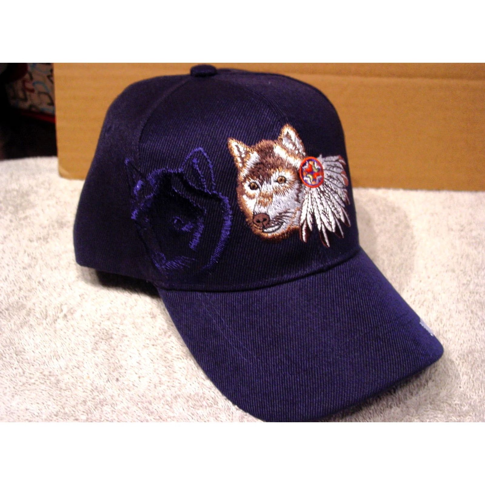 Vintage WOLF AND FEATHERS NATIVE PRIDE BASEBALL CAP BLUE Adjustable Mens Size ONE SIZE - 2 Thumbnail