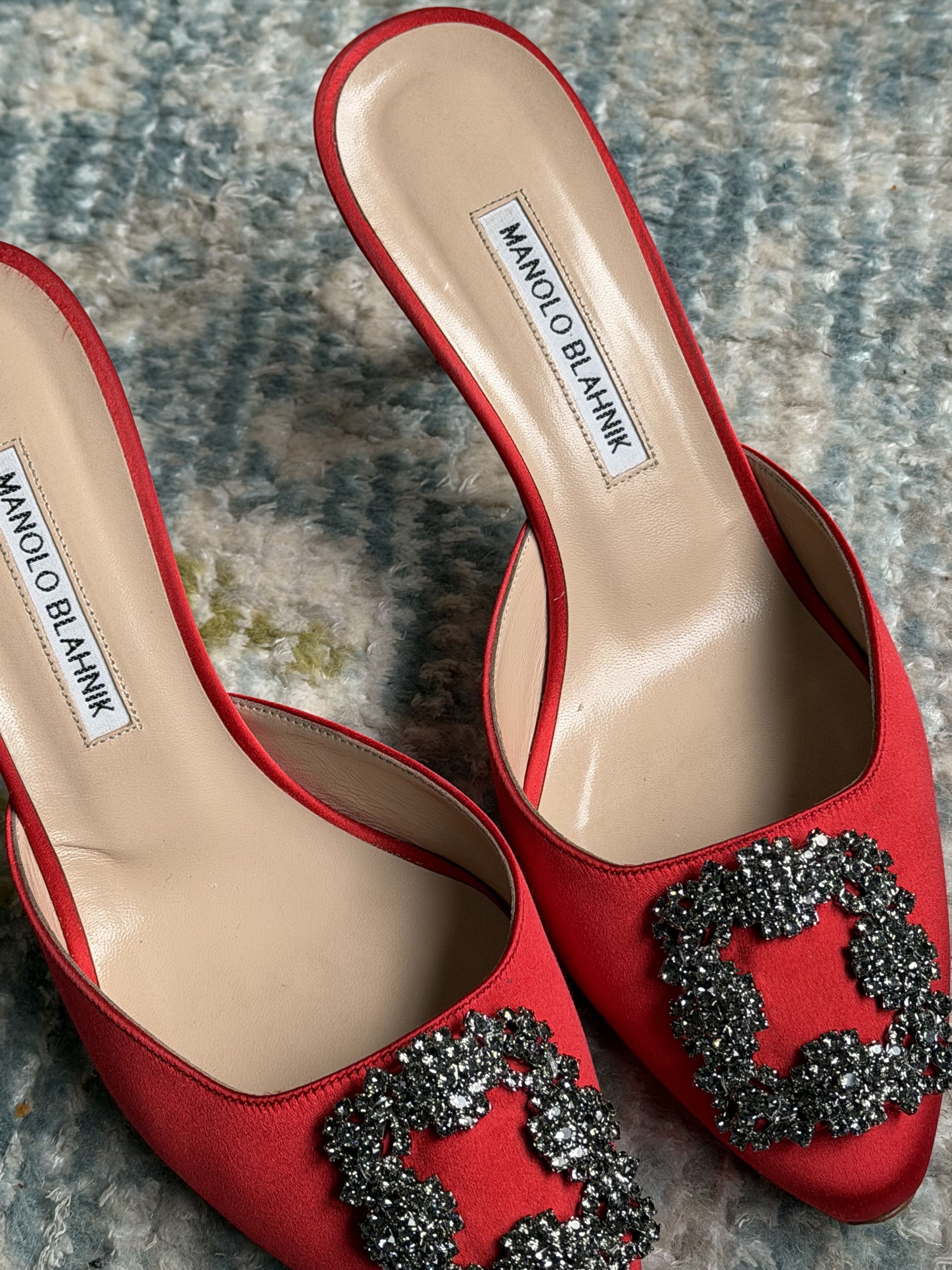 Manolo Blahnik Manolo Blahnik - HANGISIMU, Red Satin Jewel Buckle Mules Size US 7.5 / IT 37.5 - 1 Thumbnail