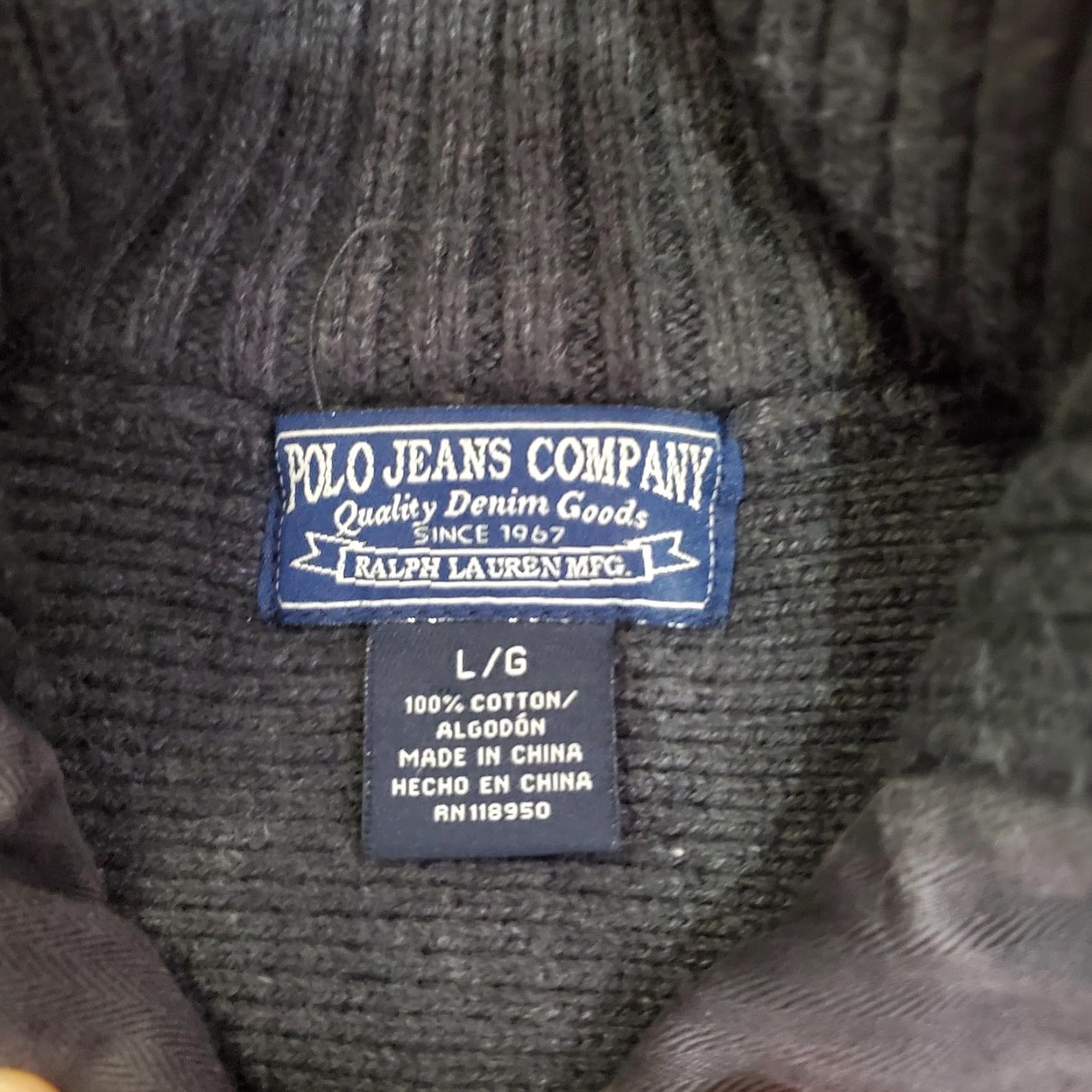 Polo Ralph Lauren Polo Jeans Company Sweater Mens Large Gray Quarter Zip Ribbed Military Pullover Size US L / EU 52-54 / 3 - 6 Thumbnail