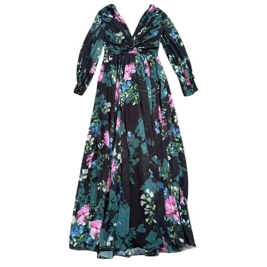 Badgley Mischka Badgley Mischka Floral Long Sleeve Pleated Gown, Size US 2 Size XS / US 0-2 / IT 36-38 - 8 Thumbnail