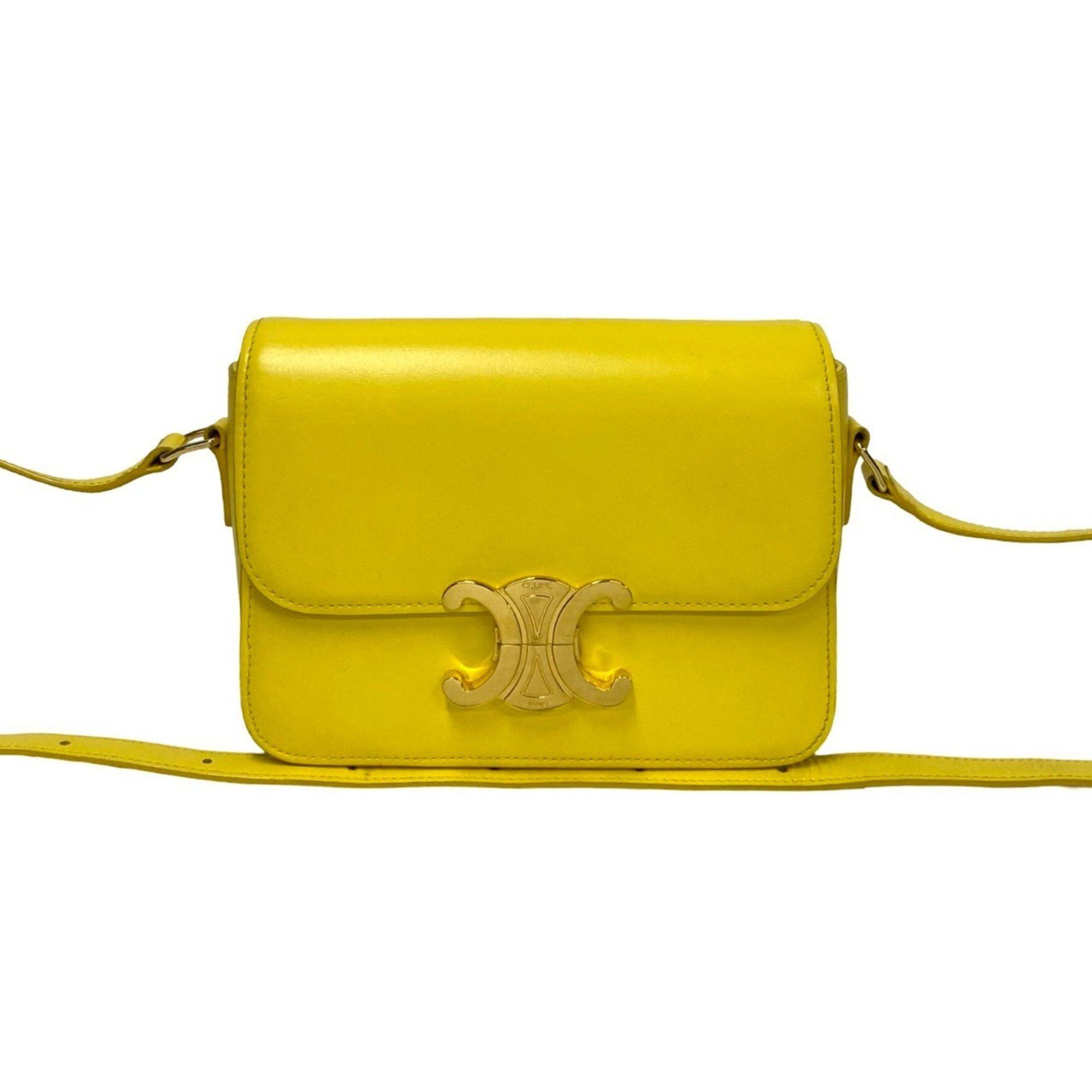 Celine CELINE Teen Triomphe Logo Hardware Calf Leather Mini Shoulder Bag Pochette Yellow 33023 Size ONE SIZE - 1 Thumbnail