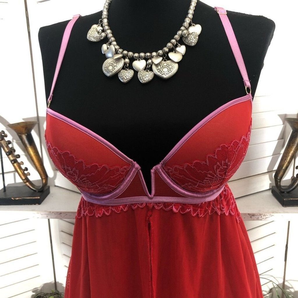 Vintage Auden Intimates Babydoll Padded bra Sheer Lace Mesh Red sz S Size ONE SIZE - 5 Thumbnail