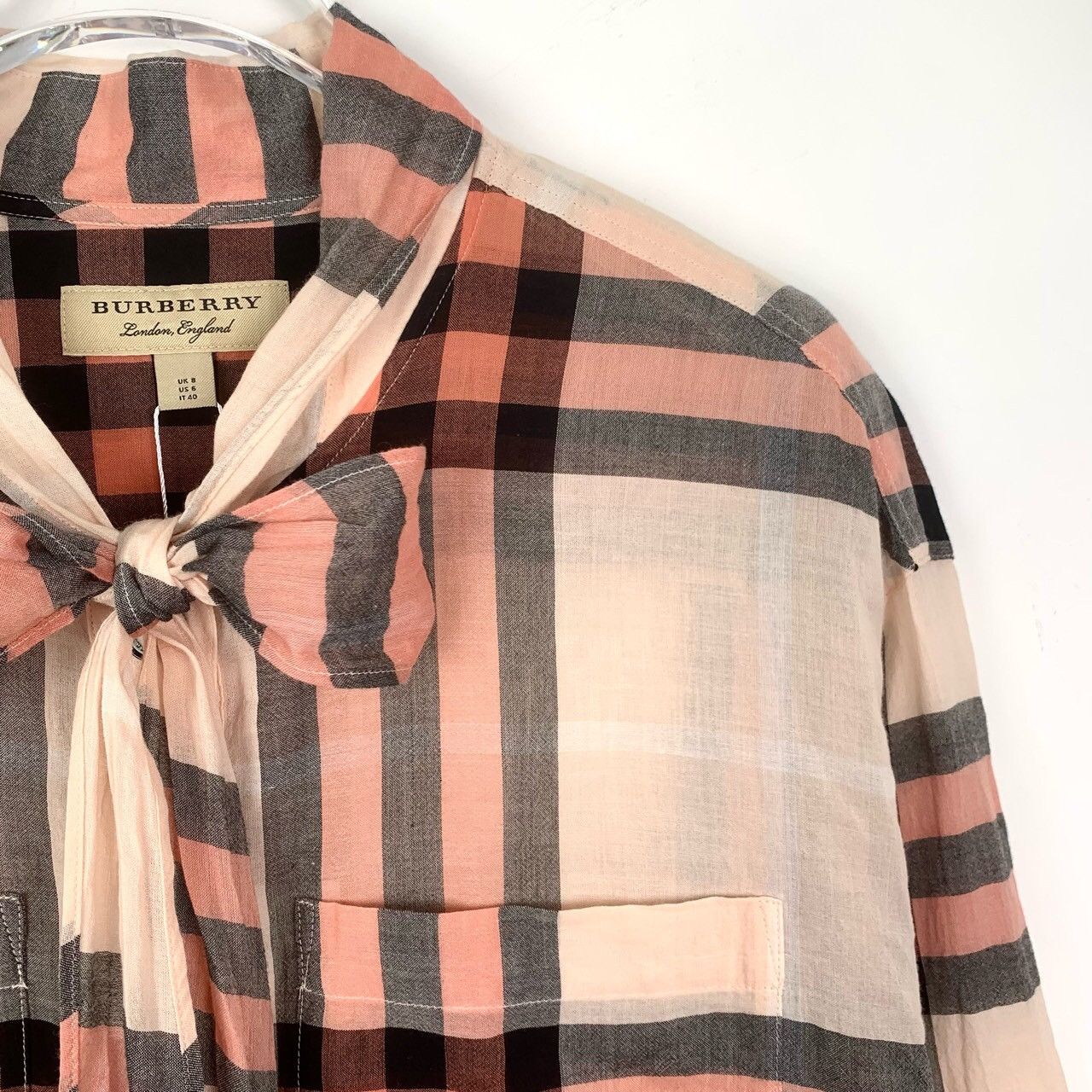 Burberry Burberry Pink Check Bow-Tie Long-Sleeve Shirt Size M / US 6-8 / IT 42-44 - 3 Thumbnail