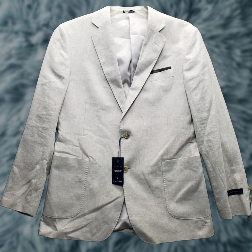 Stafford Stafford Mens Blazer Jacket Notch Lapel Tan Herringbone Linen Cotton 40R Size Mens Length 30 Chest 20.5 Size 40R - 1 Thumbnail