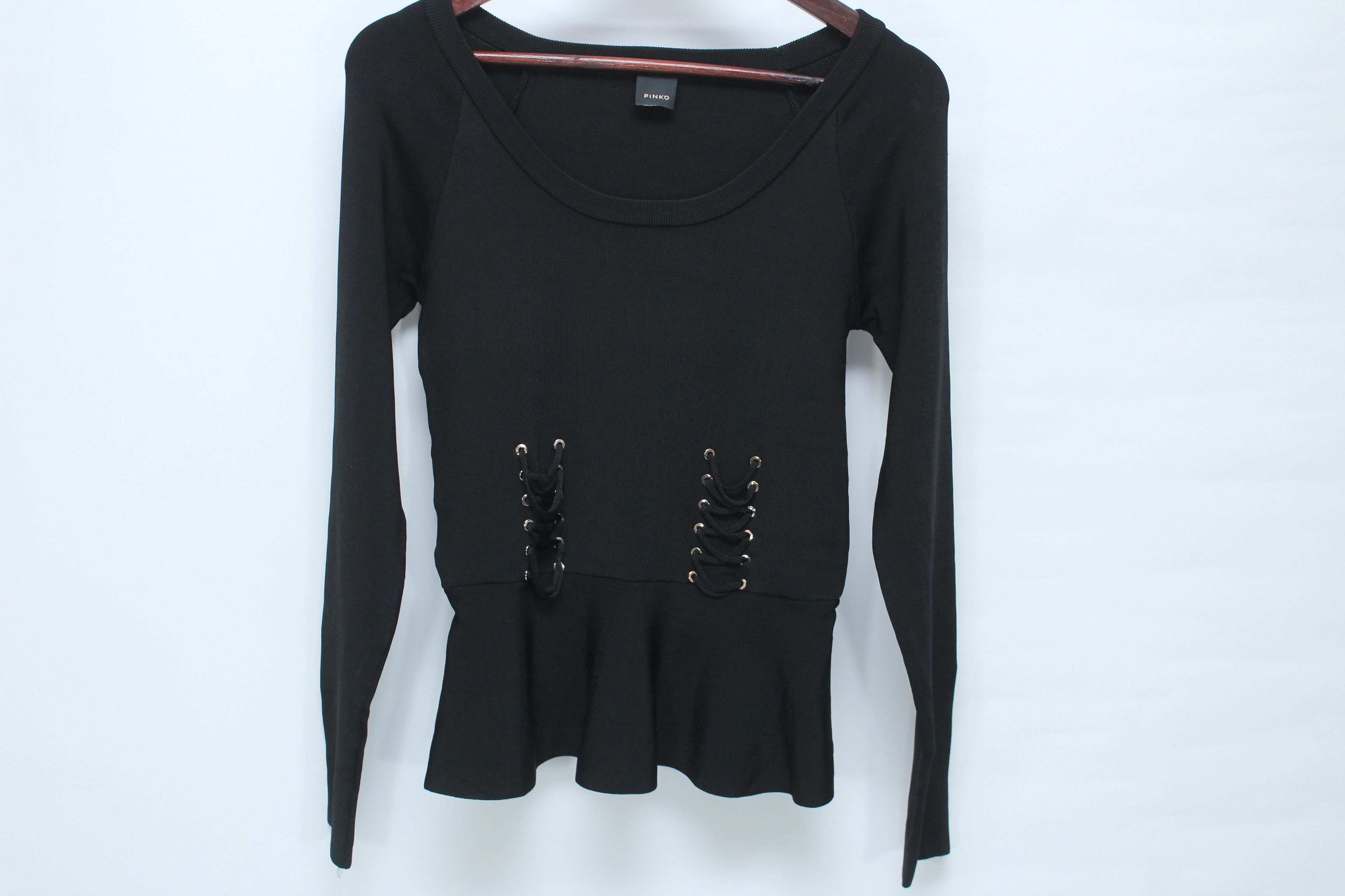 Pinko Pinko Naxos Lace-Up Corset Knit Peplum Blouse Black Size L / US 10 / IT 46 - 1 Thumbnail