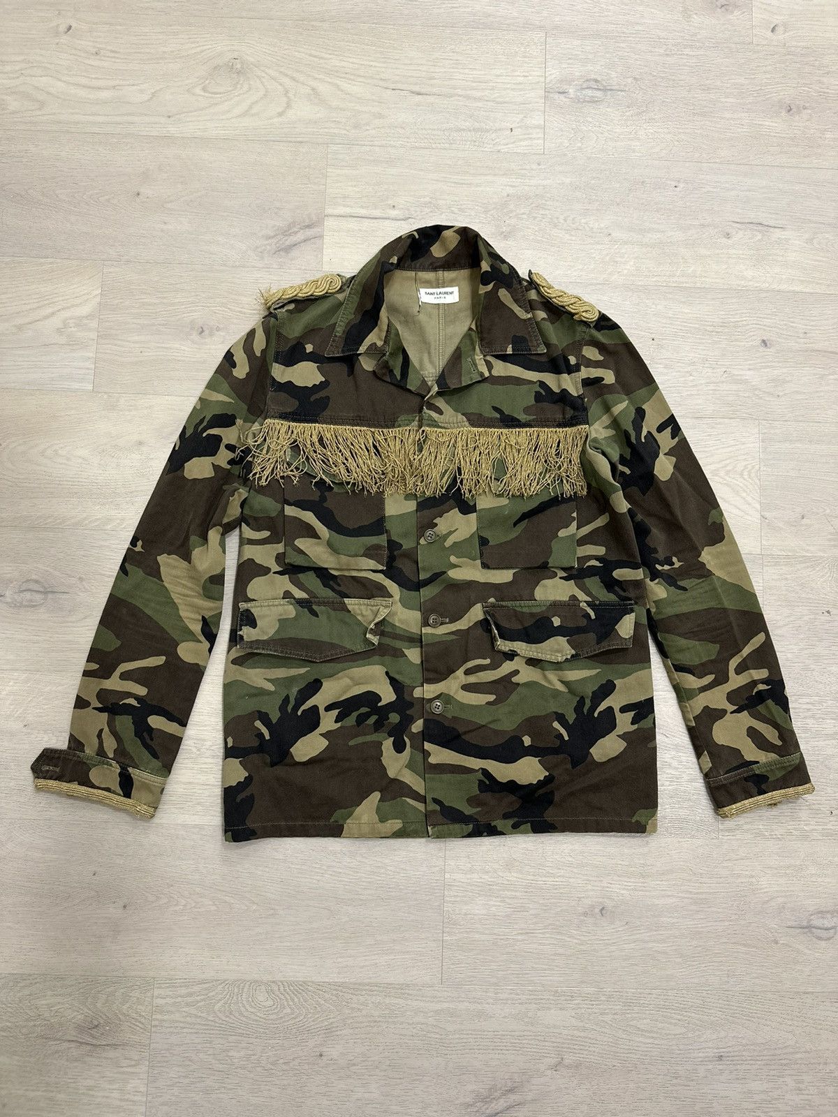 image of Saint Laurent Paris 2014 Hedi Slimane Camouflage Military Jacket in Khaki, Men's (Size Large)
