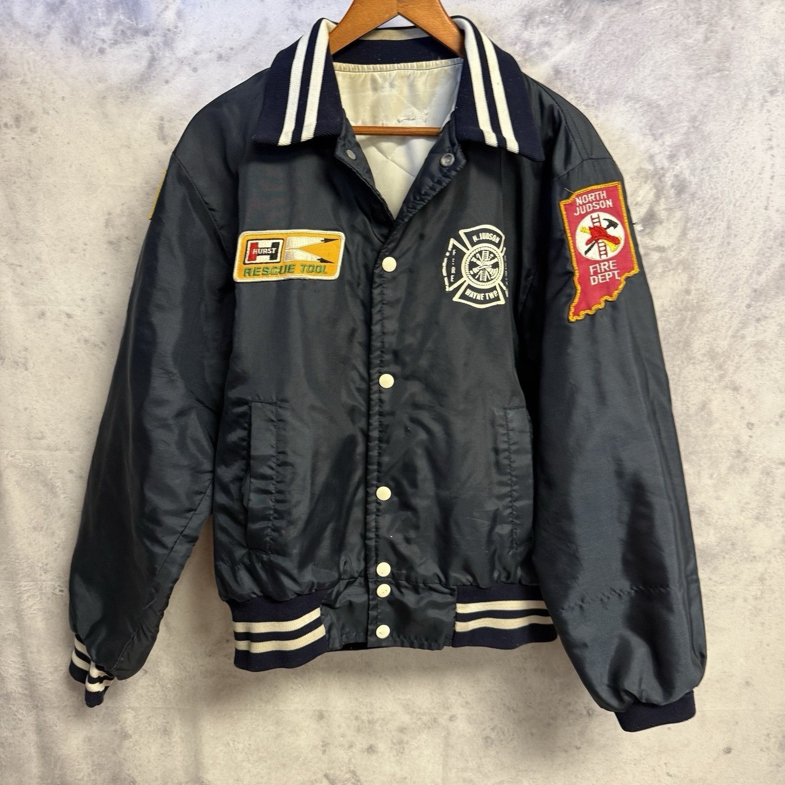 Vintage Fire Dept Bomber Jacket Mens Blue Insulated