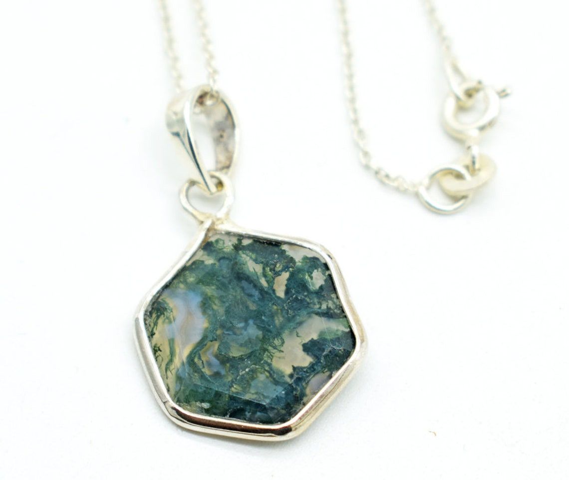 Handmade Natural Moss Agate 925 Silver Pendant Necklace - 18 Inch Size ONE SIZE - 1 Thumbnail