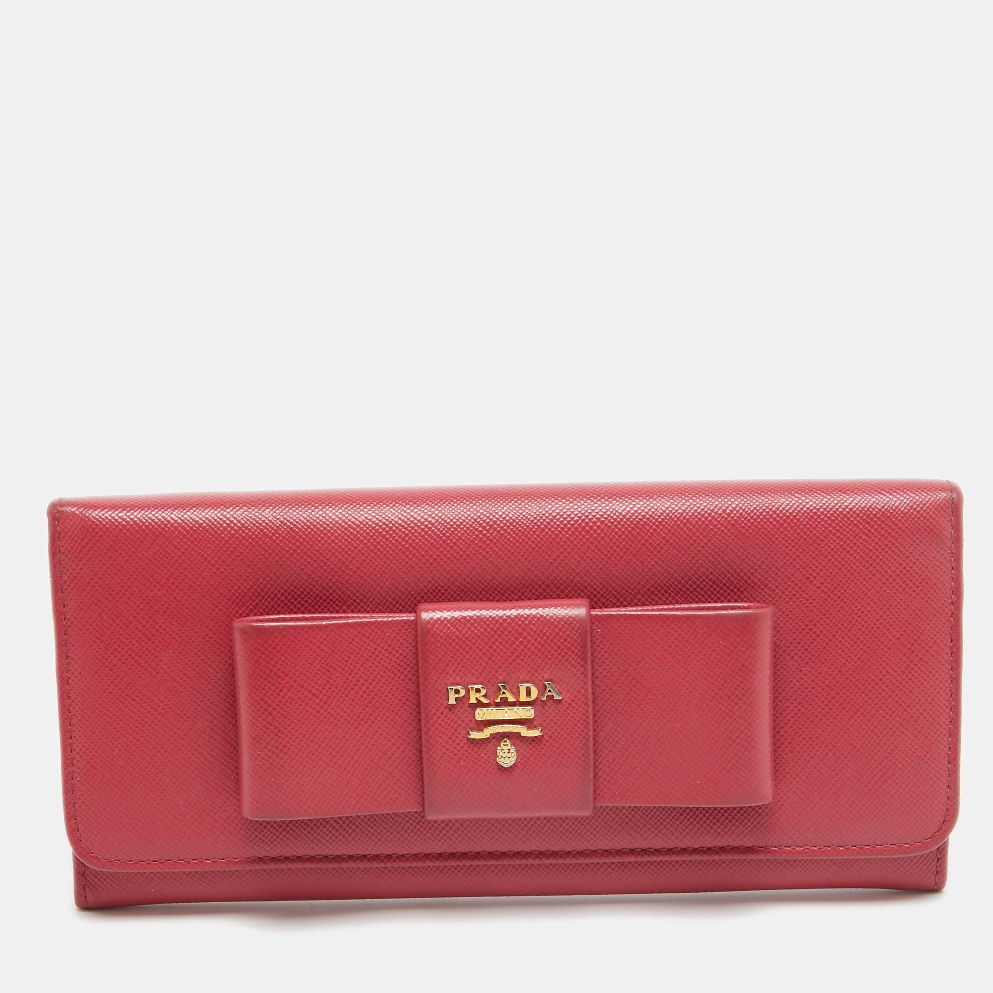 image of Prada Pink Saffiano Metal Leather Bow Flap Continental Wallet, Women's
